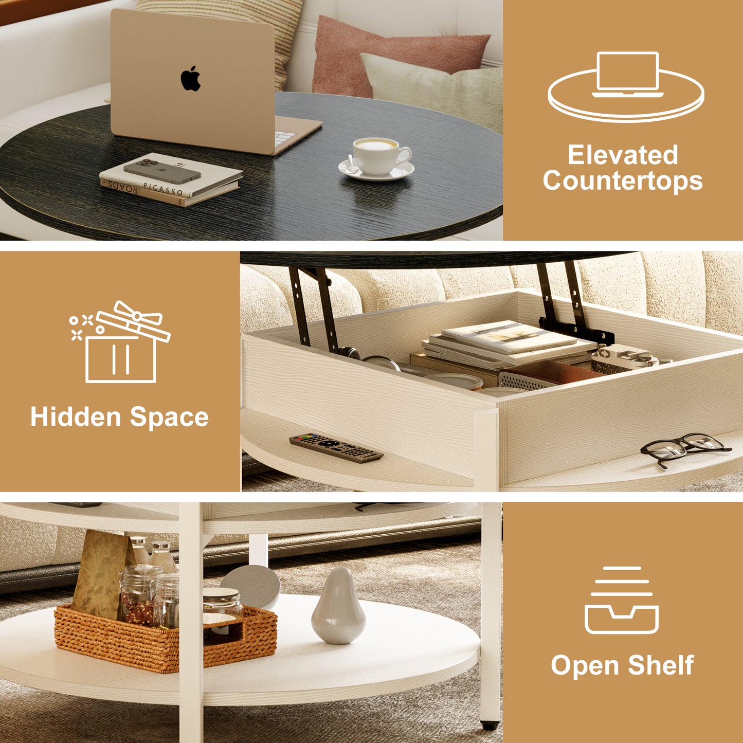WOWLIVE 27"W Lift-Top Wood Coffee Table, Small Round Cocktail Table with Storage and Hidden Compartment for Living Room