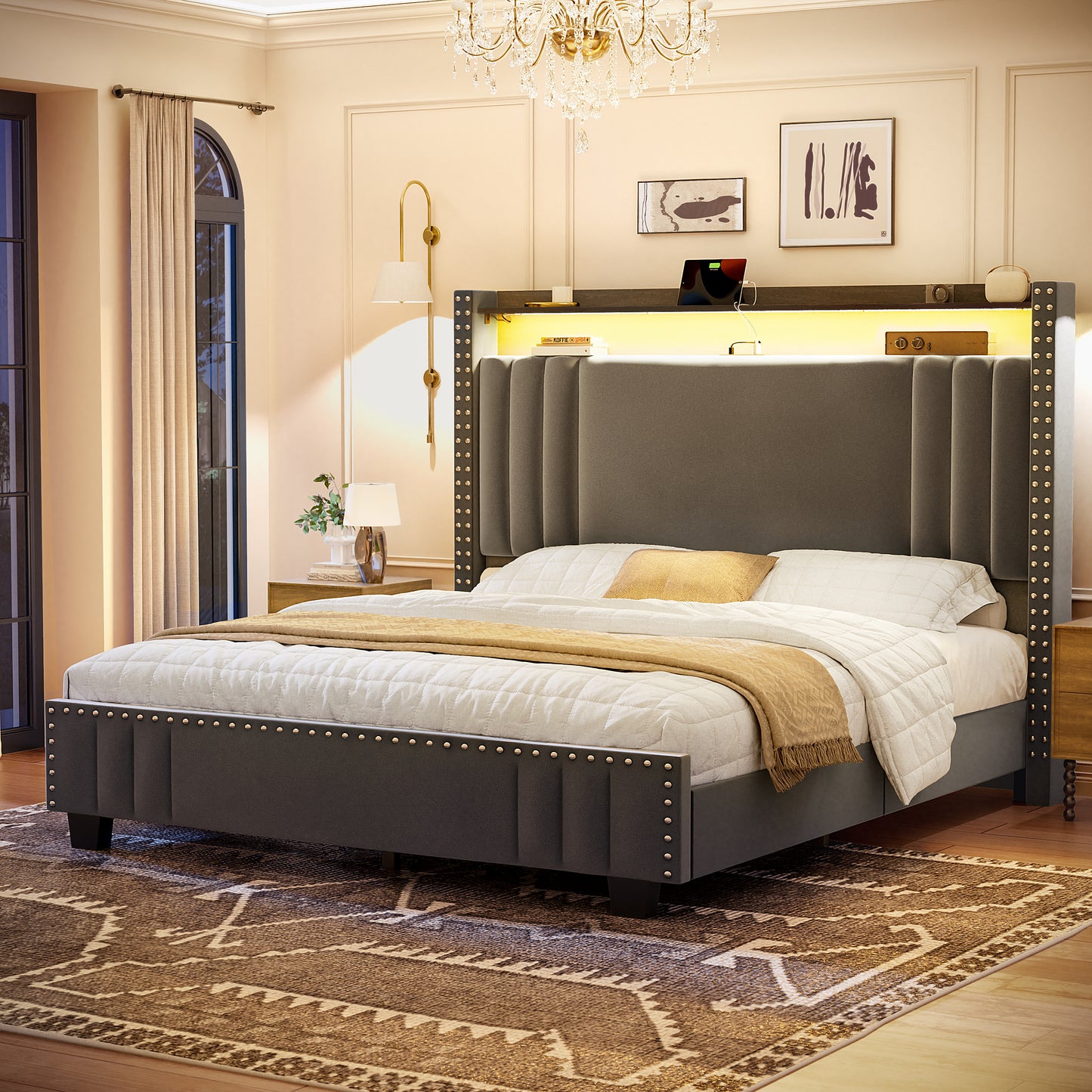 WOWLIVE Upholstered Wingback Bed with 52.12" High Storage Headboard, Modern Upholstered Bed Frame with Outlet & LED Light