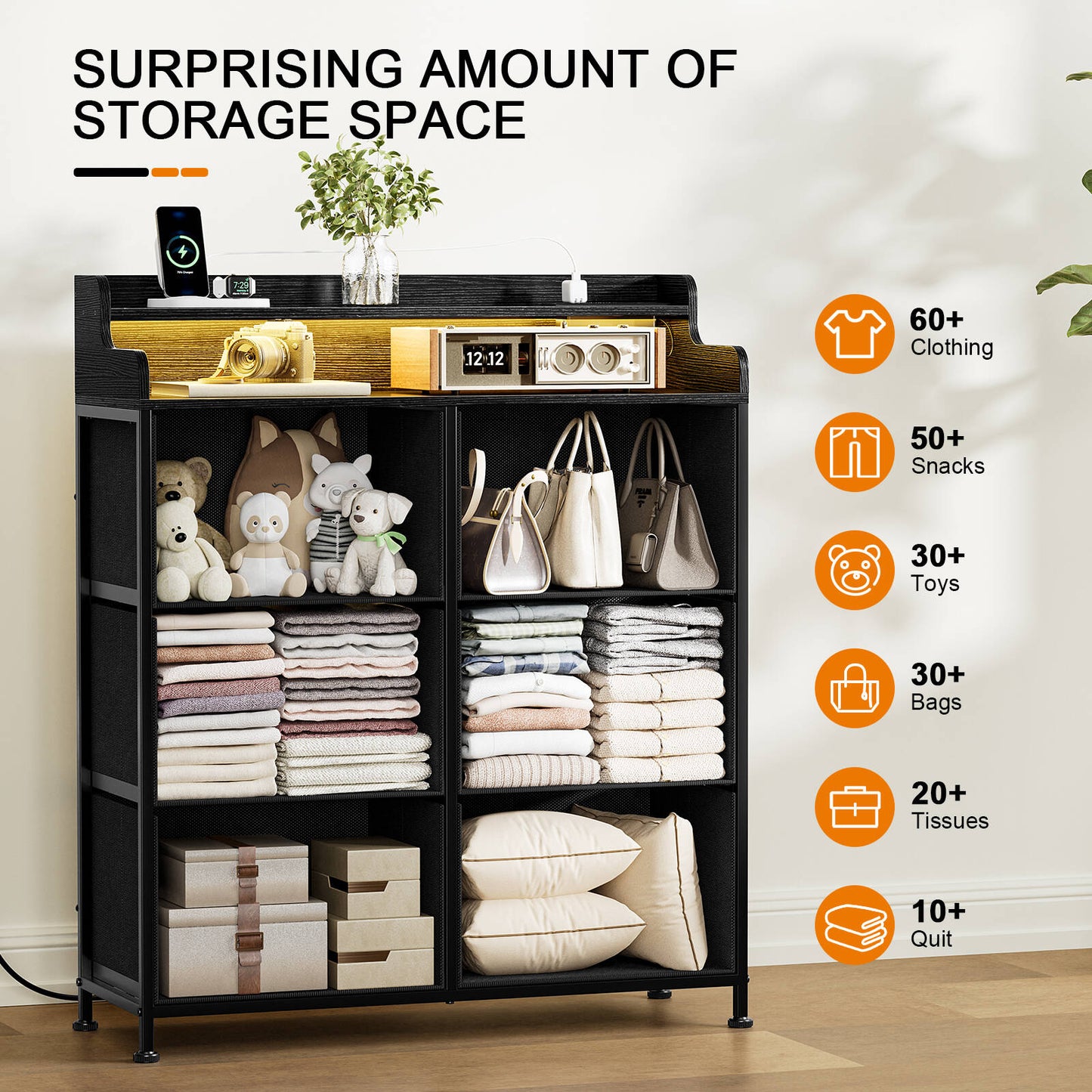 WOWLIVE Dresser for Bedroom with Charging Station and LED Lights, 6 Drawers Dresser TV Stand with Wooden Top, Tall Fabric Chest of Drawer with Sturdy Frame for Closet