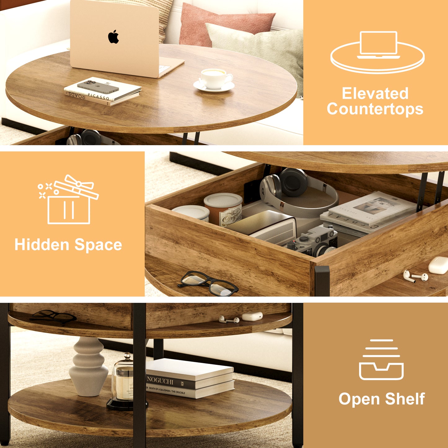 WOWLIVE 27"W Lift-Top Wood Coffee Table, Small Round Cocktail Table with Storage and Hidden Compartment for Living Room