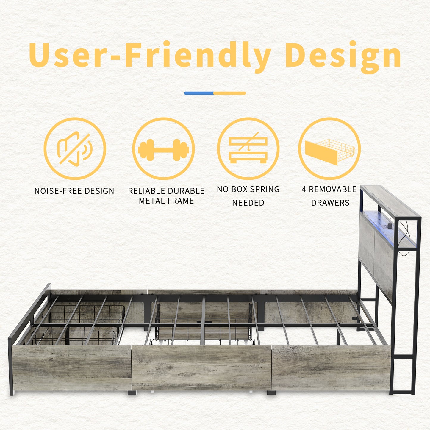 WOWLIVE Bed Frame with 4 Drawers, Modern bed with LED Light and Charging Station, Storage Headboard, No Spring Box Needed