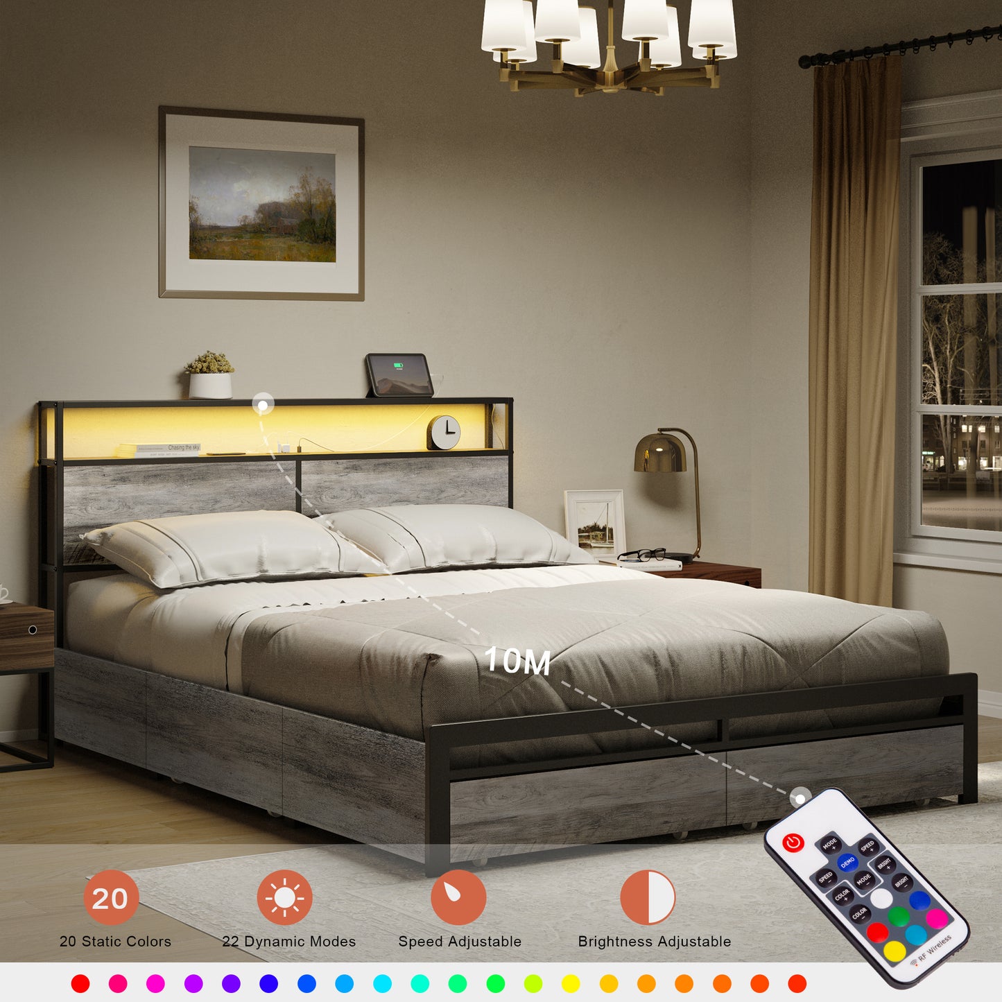 WOWLIVE Bed Frame with 4 Drawers, Modern bed with LED Light and Charging Station, Storage Headboard, No Spring Box Needed