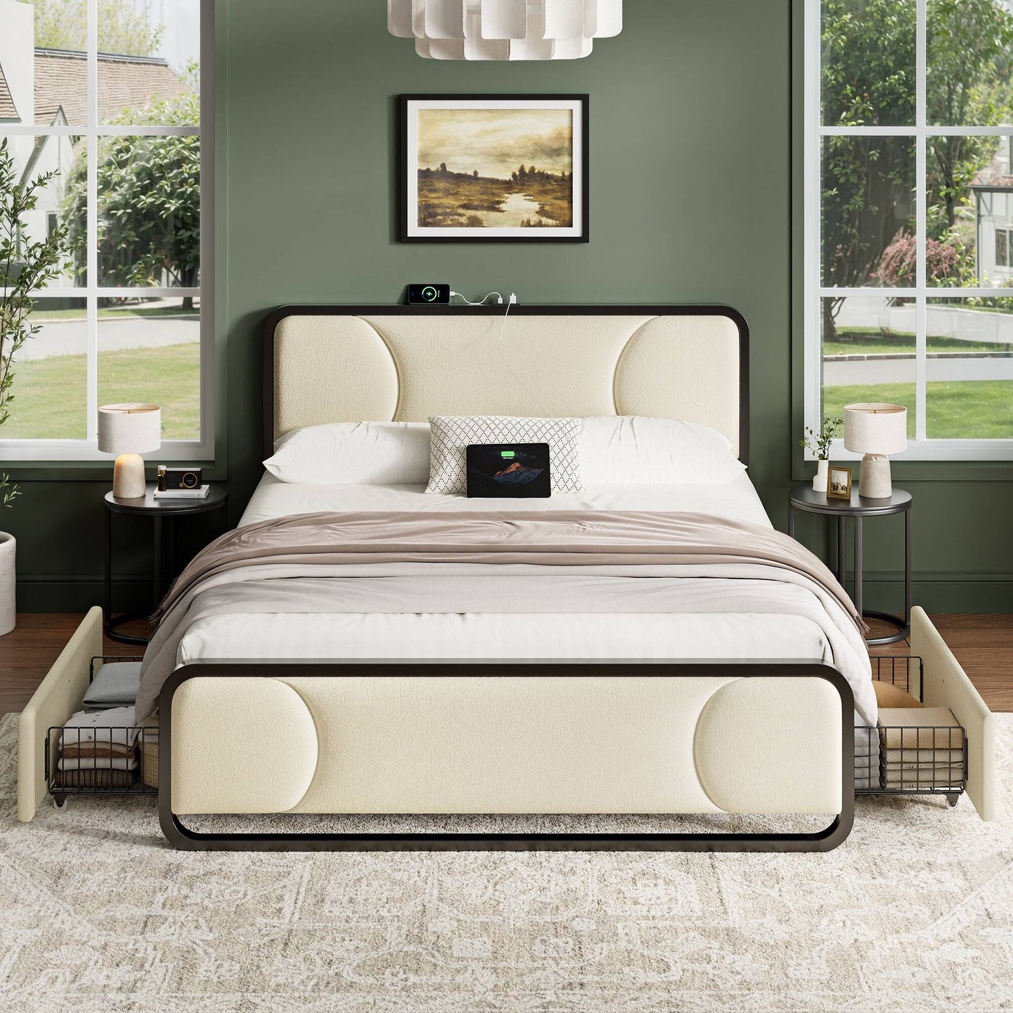WOWLIVE Full/Queen/King Platform Bed with 2 Storage Drawers, Modern Bed Frame with Charging Station, No Spring Boxing Needed
