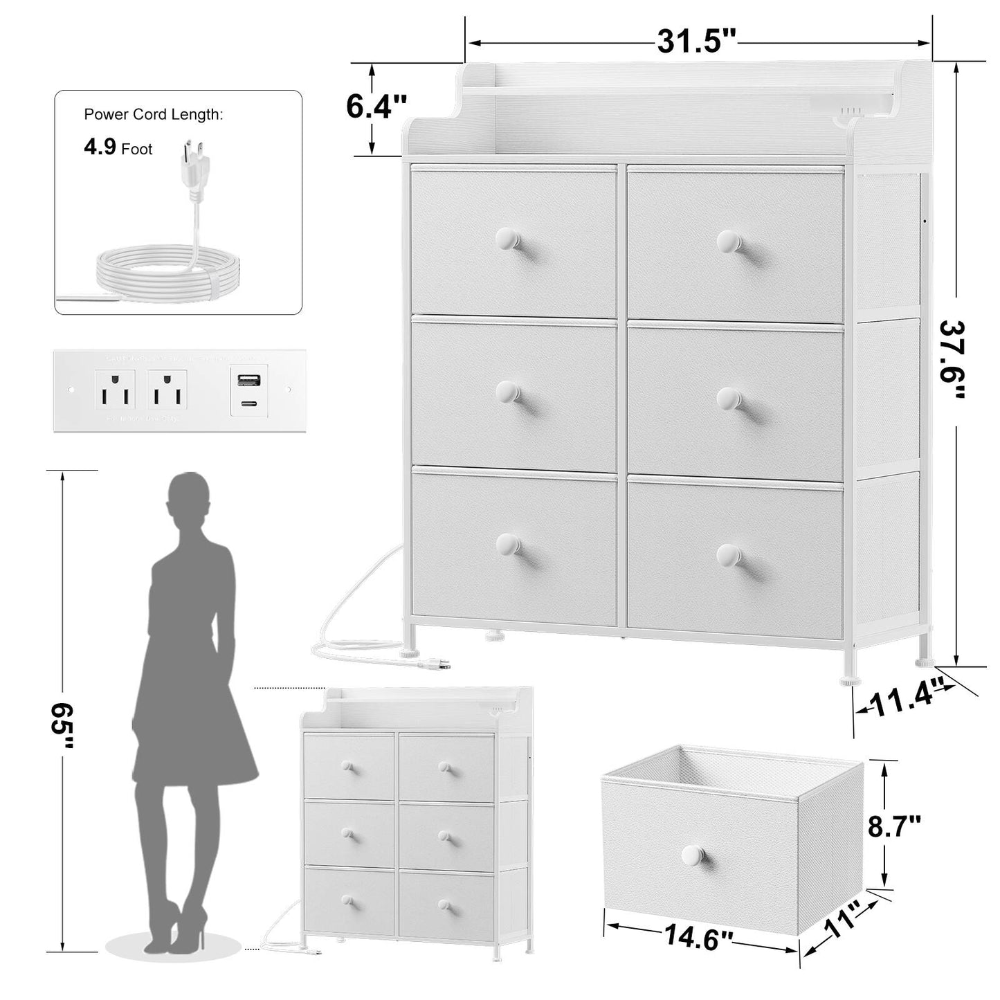 WOWLIVE Dresser for Bedroom with Charging Station and LED Lights, 6 Drawers Dresser TV Stand with Wooden Top, Tall Fabric Chest of Drawer with Sturdy Frame for Closet