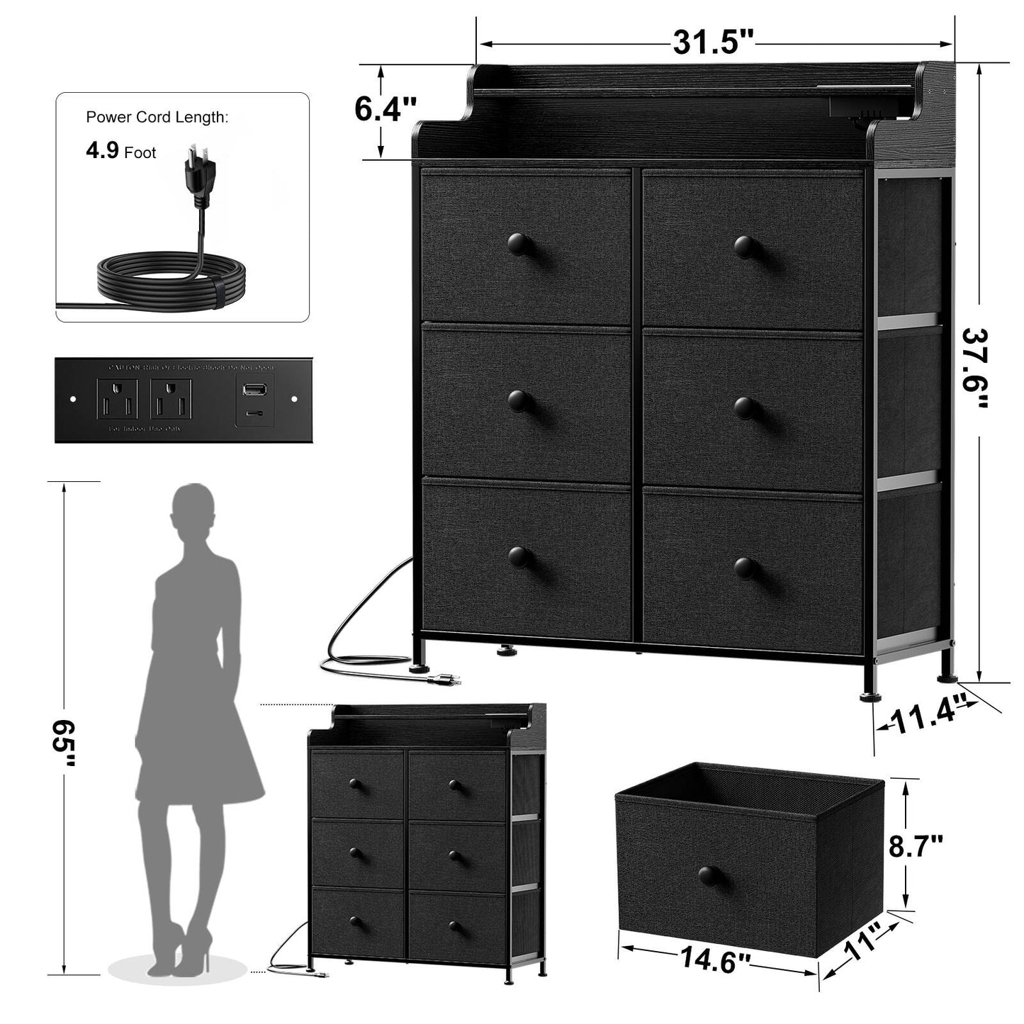 WOWLIVE Dresser for Bedroom with Charging Station and LED Lights, 6 Drawers Dresser TV Stand with Wooden Top, Tall Fabric Chest of Drawer with Sturdy Frame for Closet