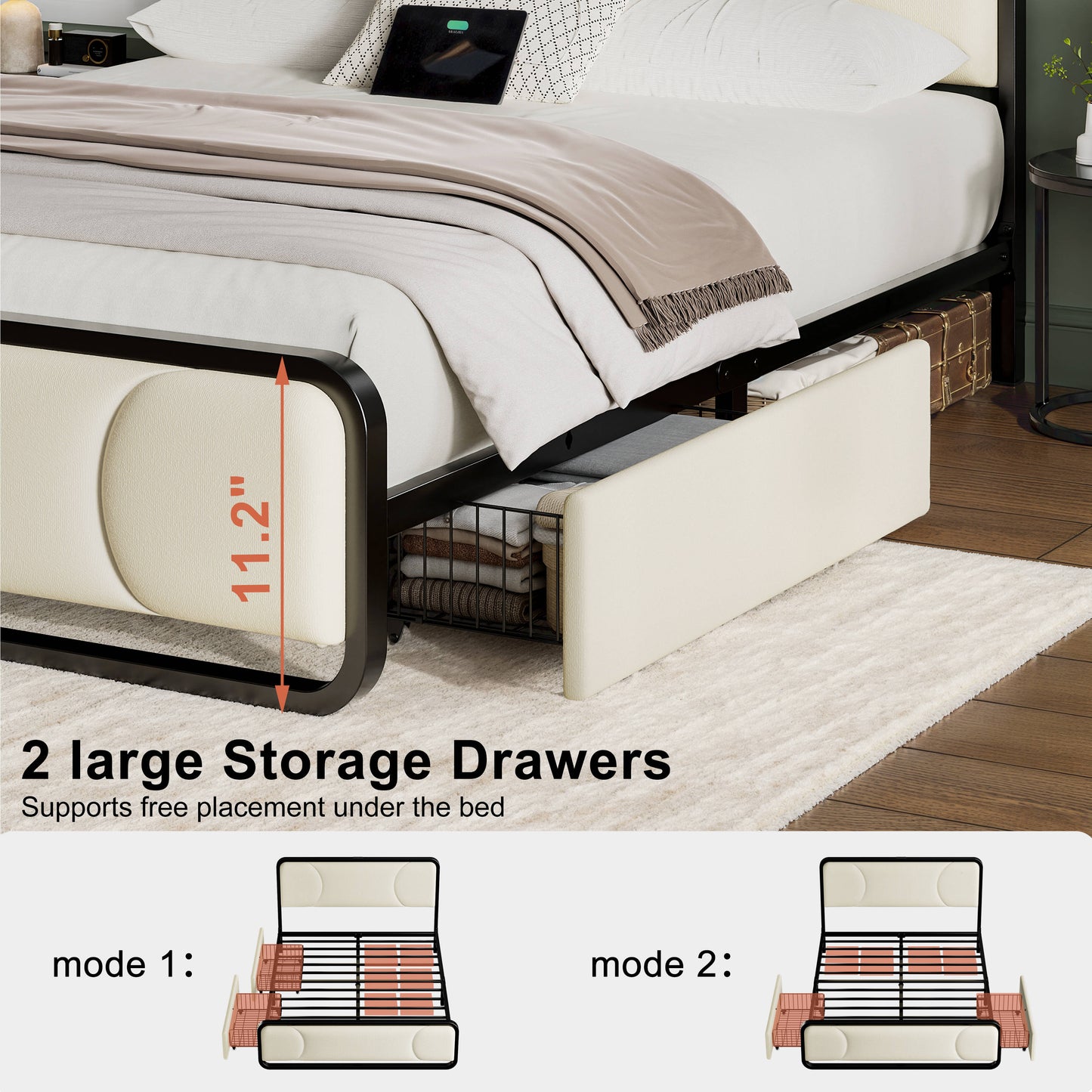 WOWLIVE Full/Queen/King Platform Bed with 2 Storage Drawers, Modern Bed Frame with Charging Station, No Spring Boxing Needed