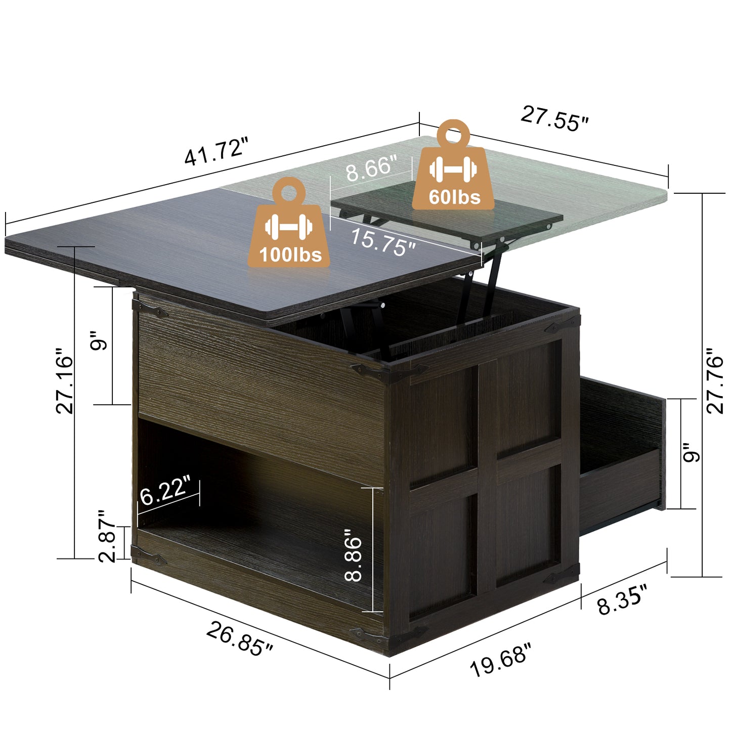 WOWLIVE Farmhourse Wood Square Coffee Table, Lift Top Coffee Table with 4-in-1 Storage