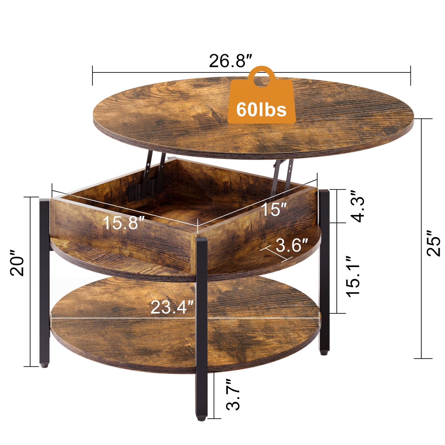 WOWLIVE 27"W Lift-Top Wood Coffee Table, Small Round Cocktail Table with Storage and Hidden Compartment for Living Room