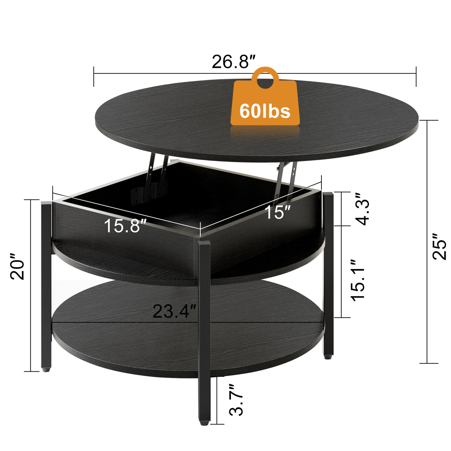WOWLIVE 27"W Lift-Top Wood Coffee Table, Small Round Cocktail Table with Storage and Hidden Compartment for Living Room