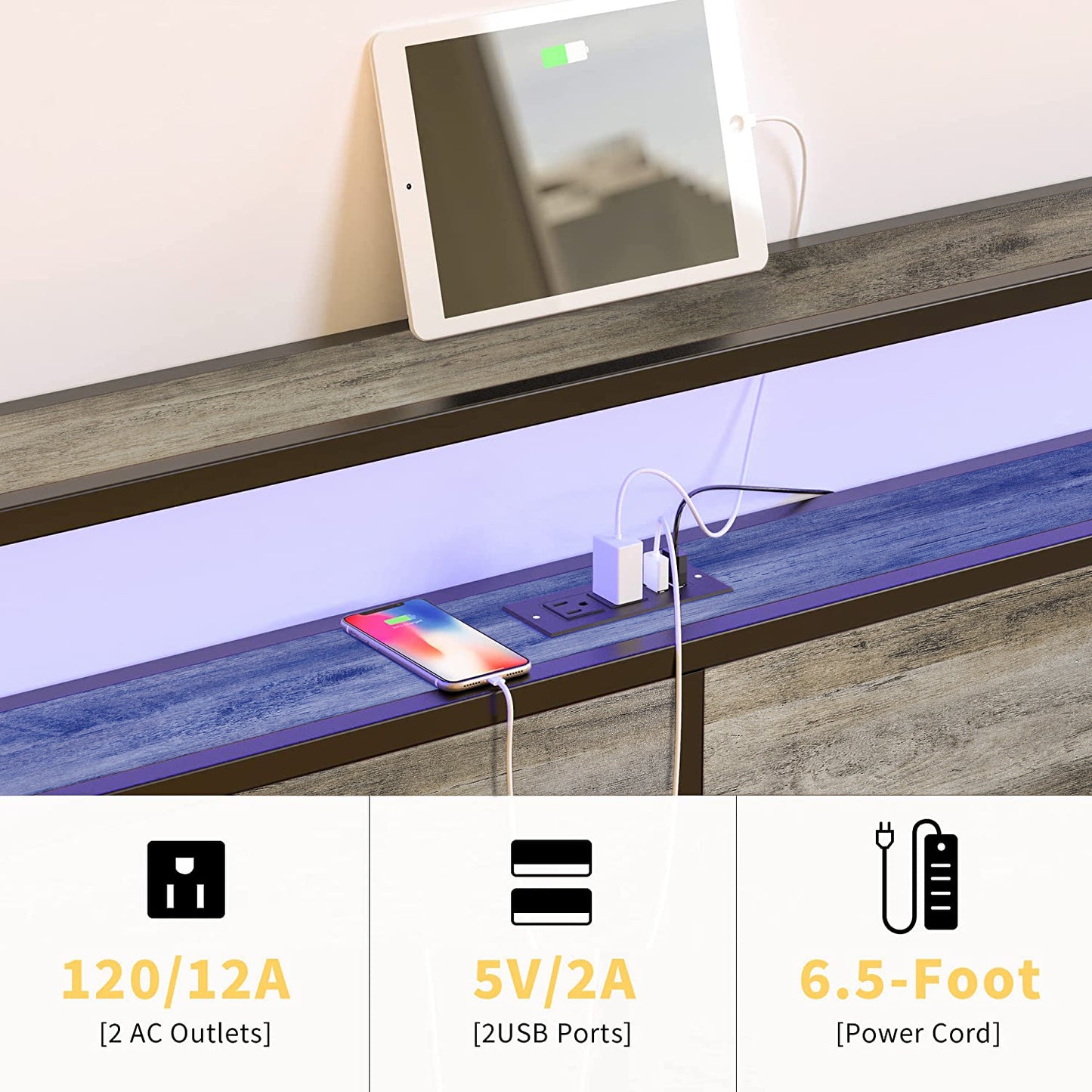 WOWLIVE Bed Frame with 4 Drawers, Modern bed with LED Light and Charging Station, Storage Headboard, No Spring Box Needed
