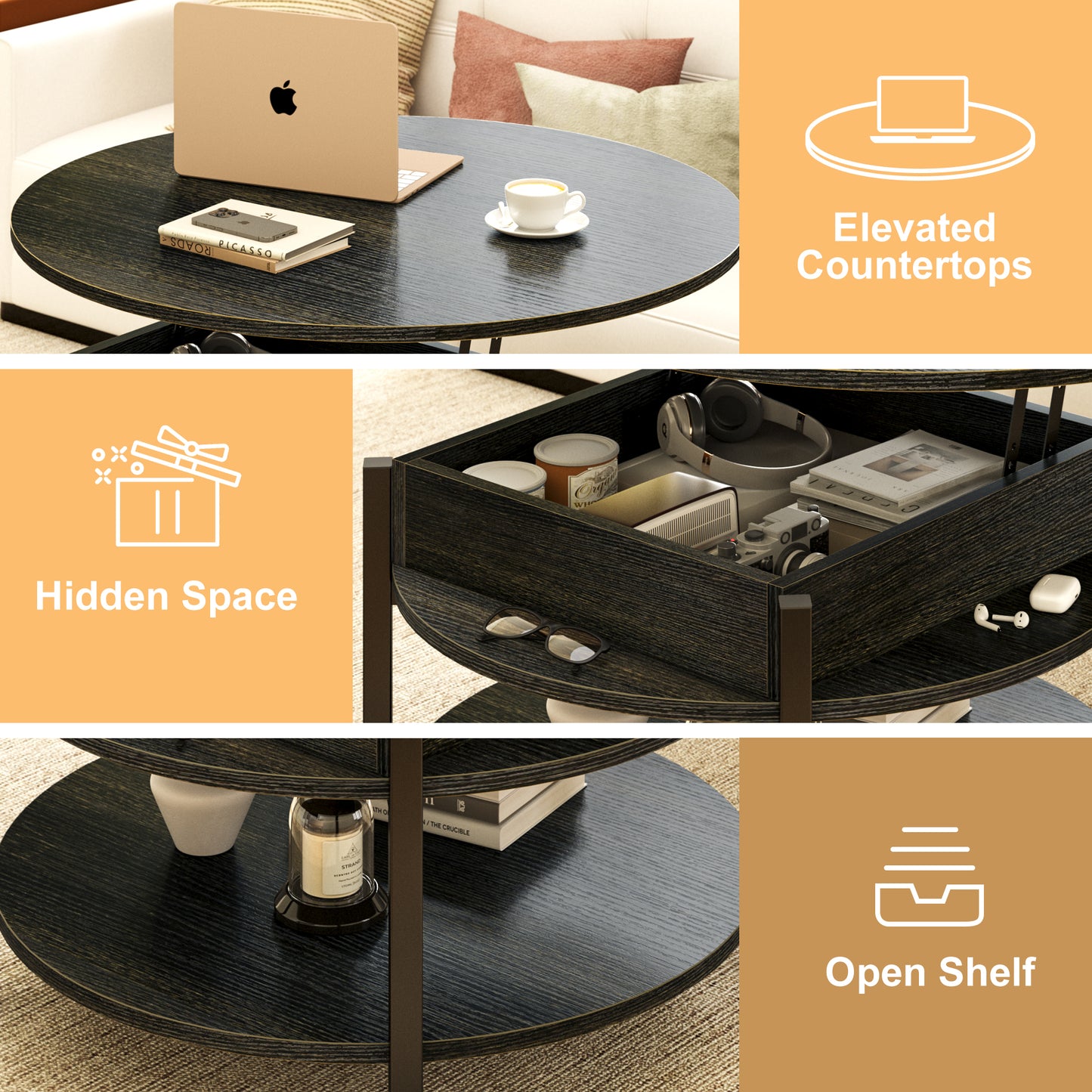 WOWLIVE 27"W Lift-Top Wood Coffee Table, Small Round Cocktail Table with Storage and Hidden Compartment for Living Room