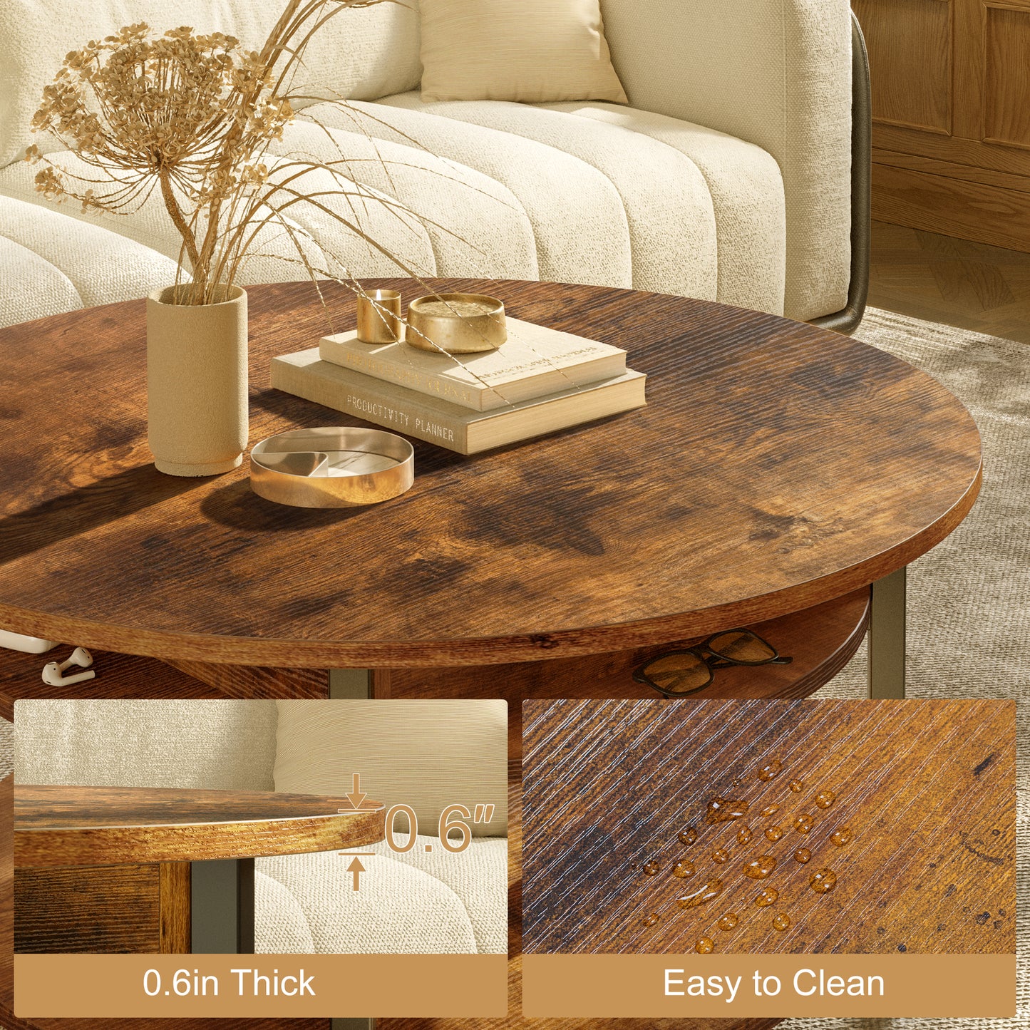 WOWLIVE 27"W Lift-Top Wood Coffee Table, Small Round Cocktail Table with Storage and Hidden Compartment for Living Room