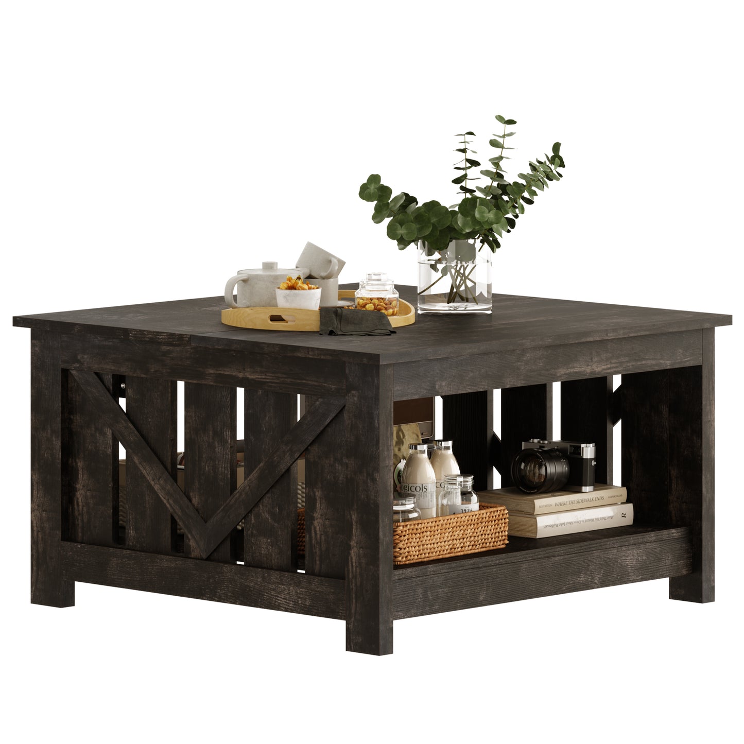 WOWLIVE Lift Top Farmhouse Coffee Table with Storage, Wood Cocktail Table