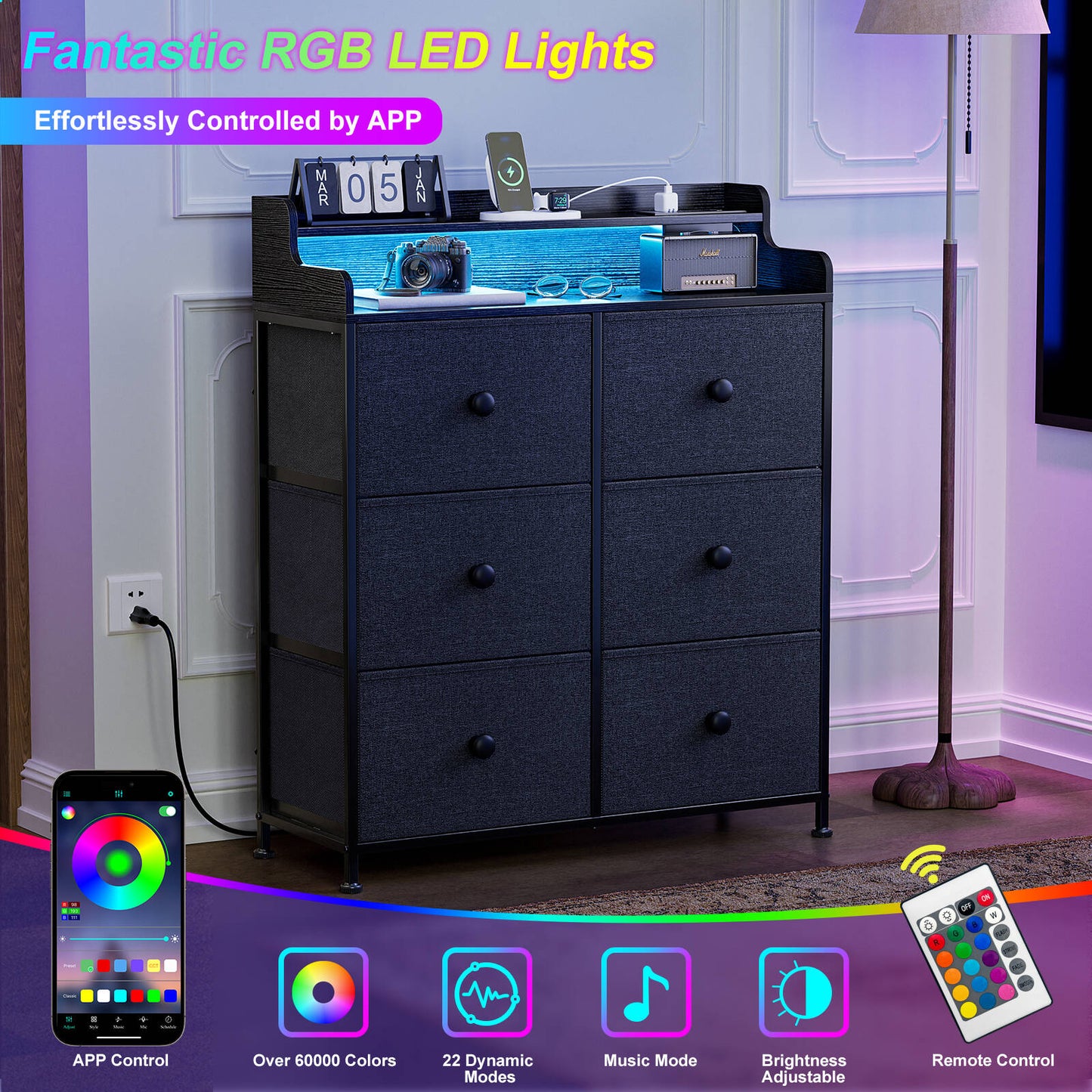 WOWLIVE Dresser for Bedroom with Charging Station and LED Lights, 6 Drawers Dresser TV Stand with Wooden Top, Tall Fabric Chest of Drawer with Sturdy Frame for Closet