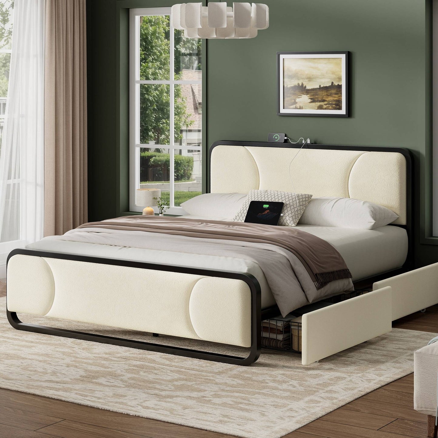WOWLIVE Full/Queen/King Platform Bed with 2 Storage Drawers, Modern Bed Frame with Charging Station, No Spring Boxing Needed
