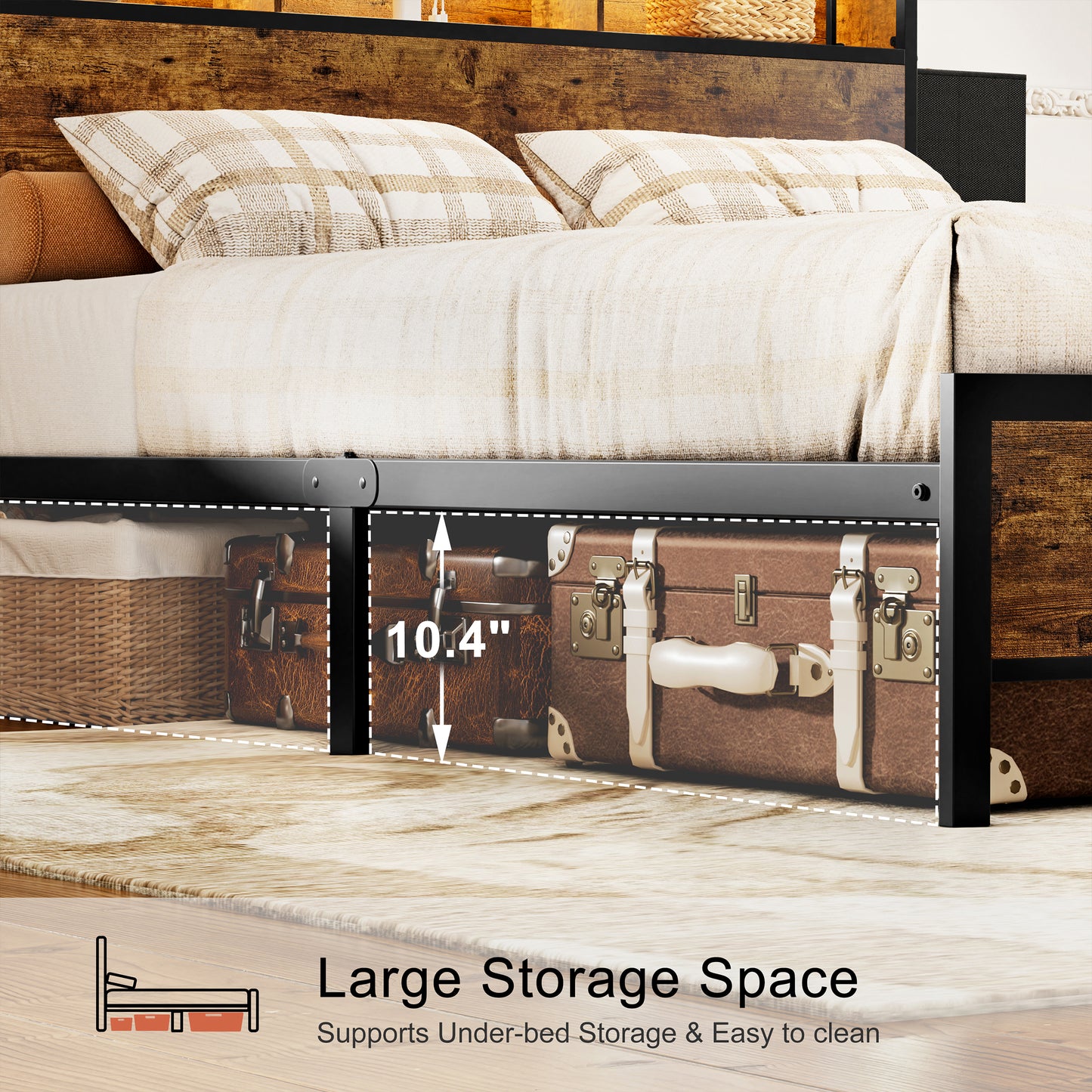WOWLIVE Bed Frame With Bookcase Headboard & 6 Storage Bedside Drawers, Storage Bed With Outlet & LED Light
