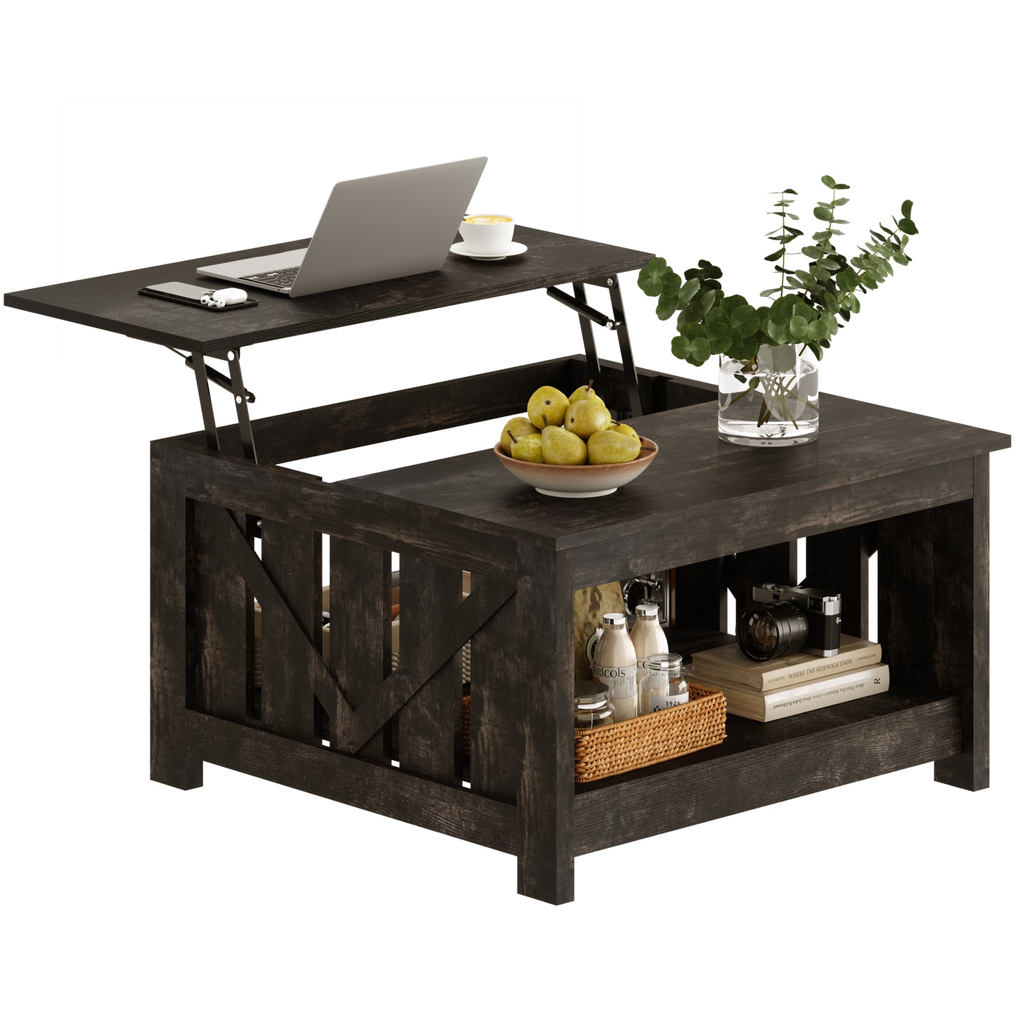 WOWLIVE Lift Top Farmhouse Coffee Table with Storage, Wood Cocktail Table