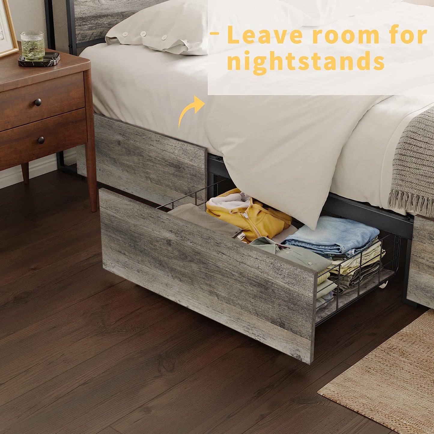 WOWLIVE Bed Frame with 4 Drawers, Modern bed with LED Light and Charging Station, Storage Headboard, No Spring Box Needed