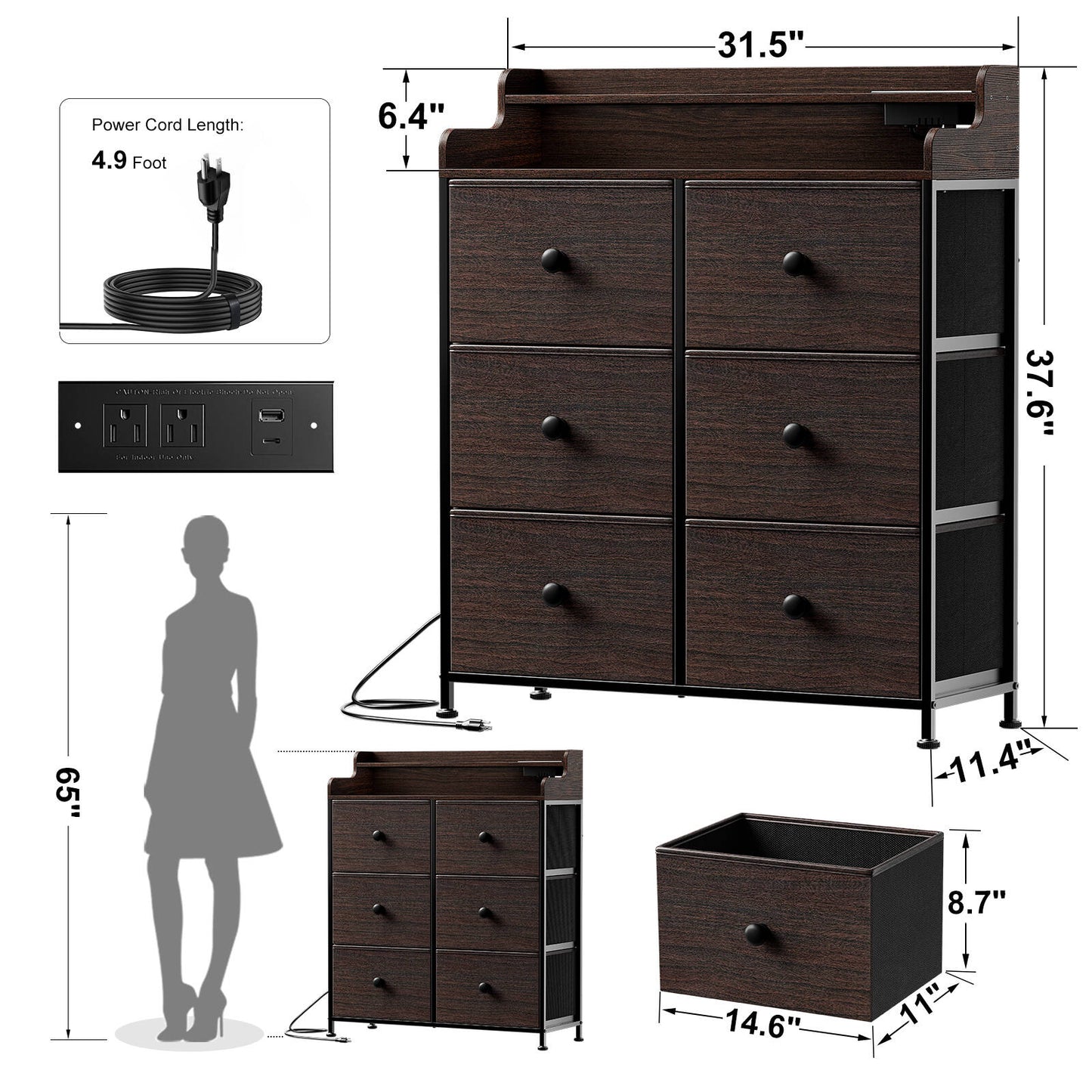 WOWLIVE Dresser for Bedroom with Charging Station and LED Lights, 6 Drawers Dresser TV Stand with Wooden Top, Tall Fabric Chest of Drawer with Sturdy Frame for Closet