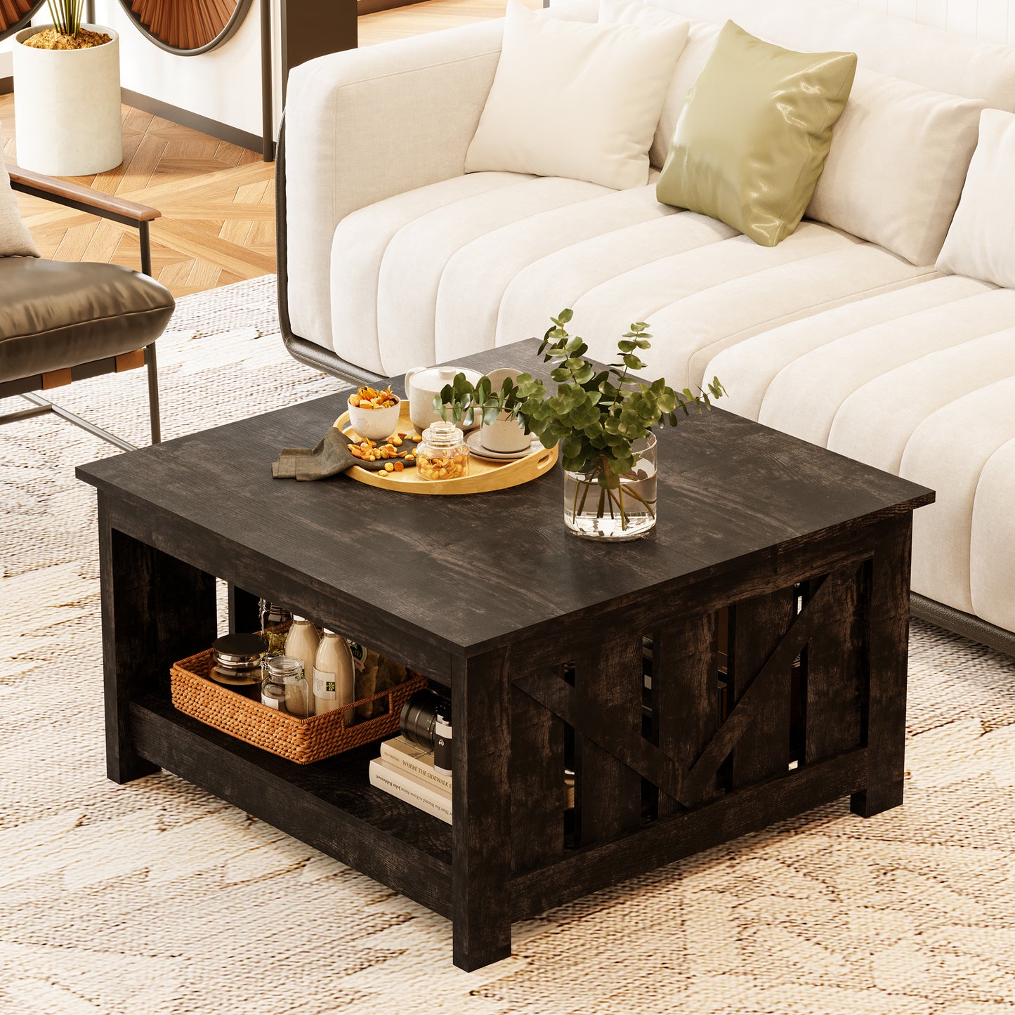 WOWLIVE Lift Top Farmhouse Coffee Table with Storage, Wood Cocktail Table