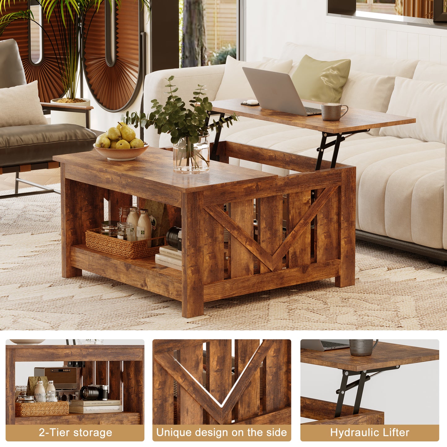 WOWLIVE Lift Top Farmhouse Coffee Table with Storage, Wood Cocktail Table
