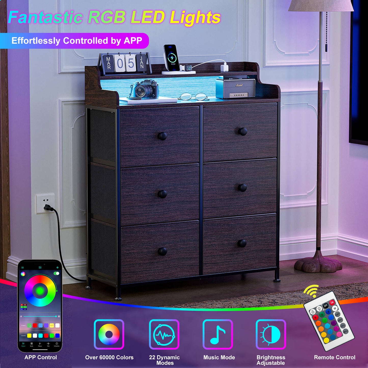 WOWLIVE Dresser for Bedroom with Charging Station and LED Lights, 6 Drawers Dresser TV Stand with Wooden Top, Tall Fabric Chest of Drawer with Sturdy Frame for Closet