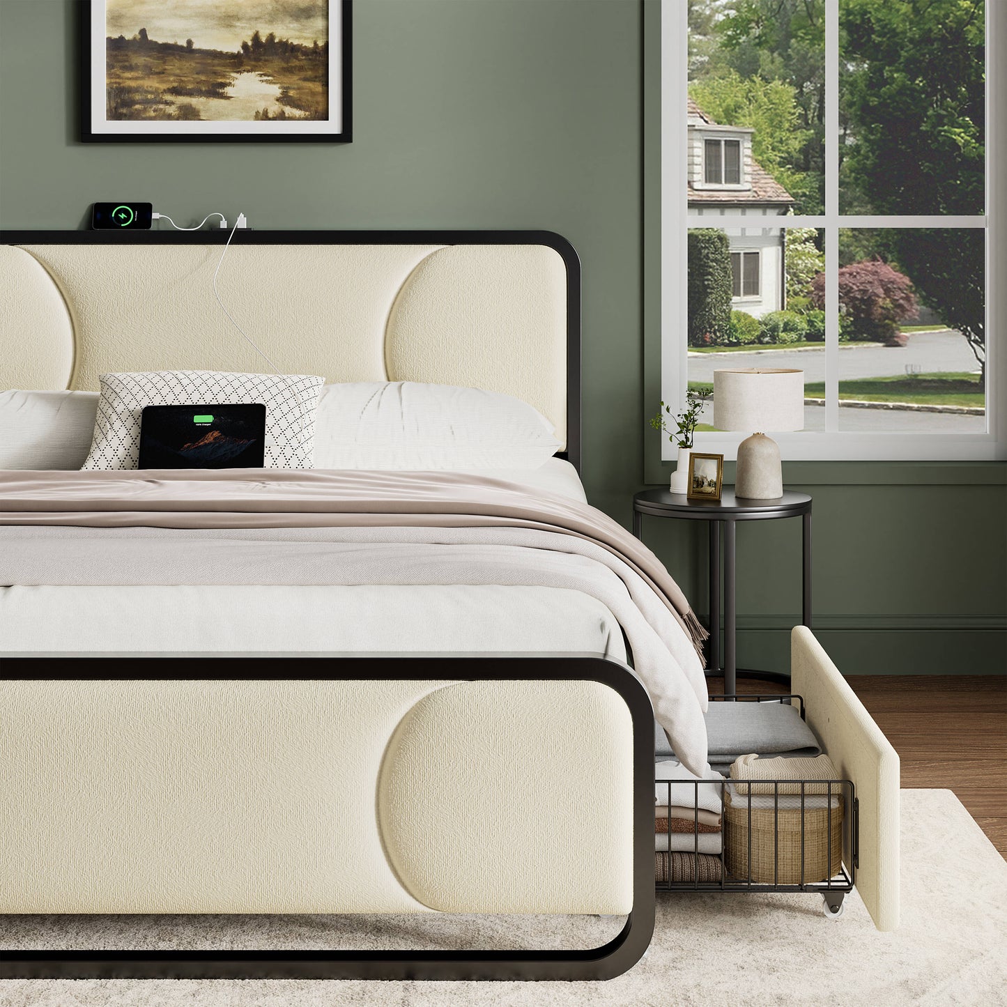 WOWLIVE Full/Queen/King Platform Bed with 2 Storage Drawers, Modern Bed Frame with Charging Station, No Spring Boxing Needed