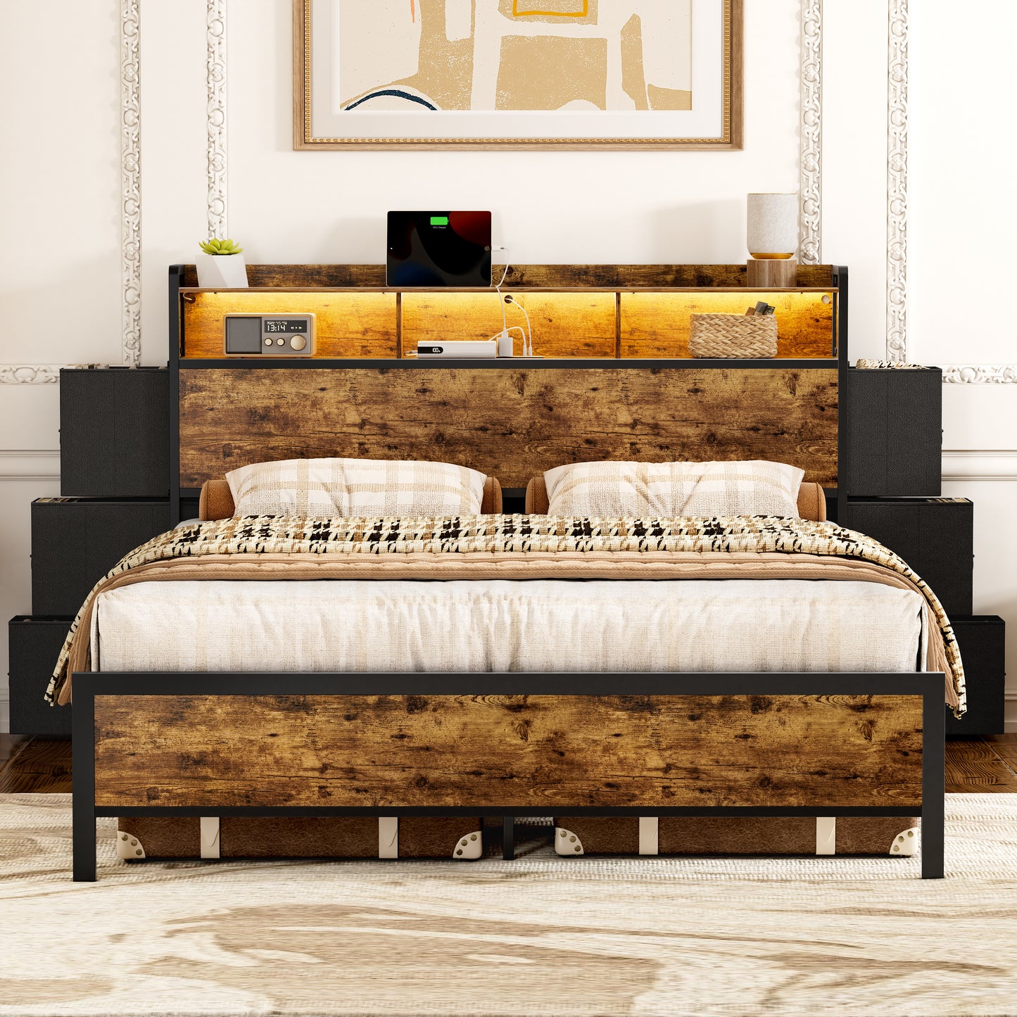 WOWLIVE Bed Frame With Bookcase Headboard & 6 Storage Bedside Drawers, Storage Bed With Outlet & LED Light