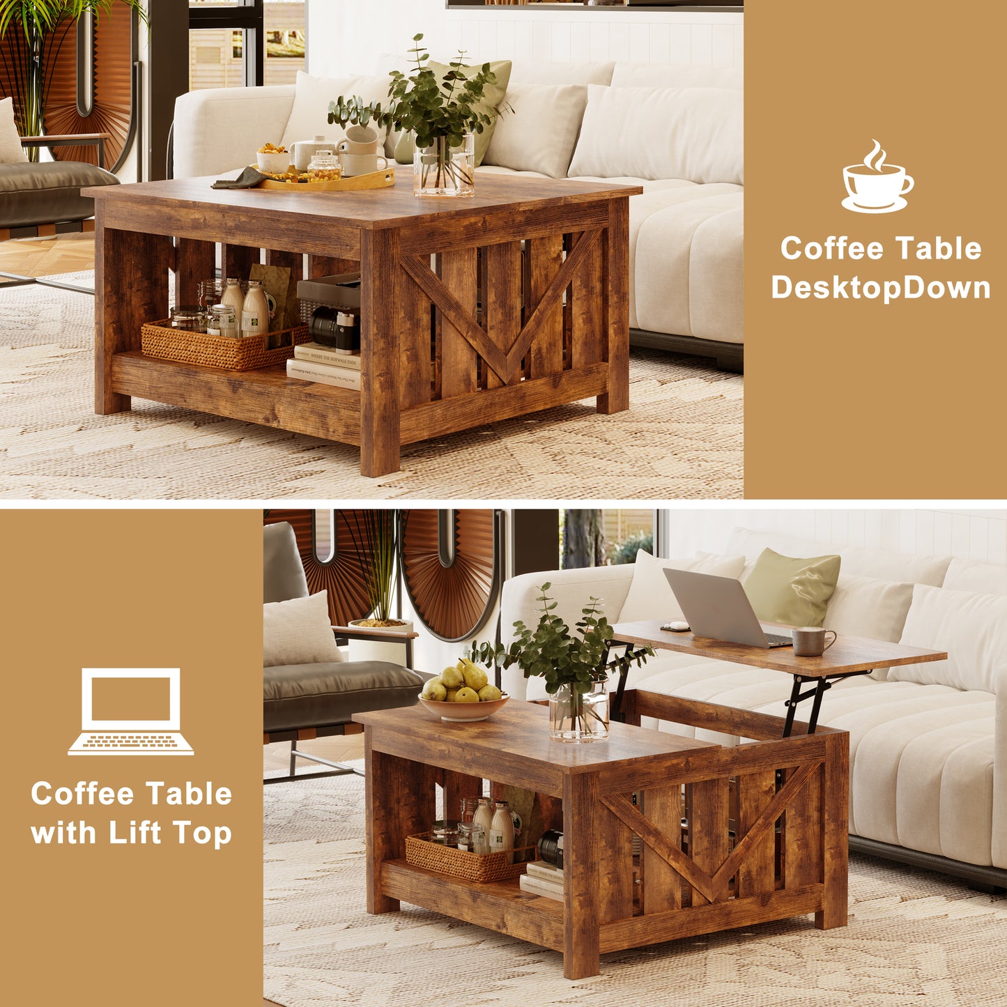 WOWLIVE Lift Top Farmhouse Coffee Table with Storage, Wood Cocktail Table
