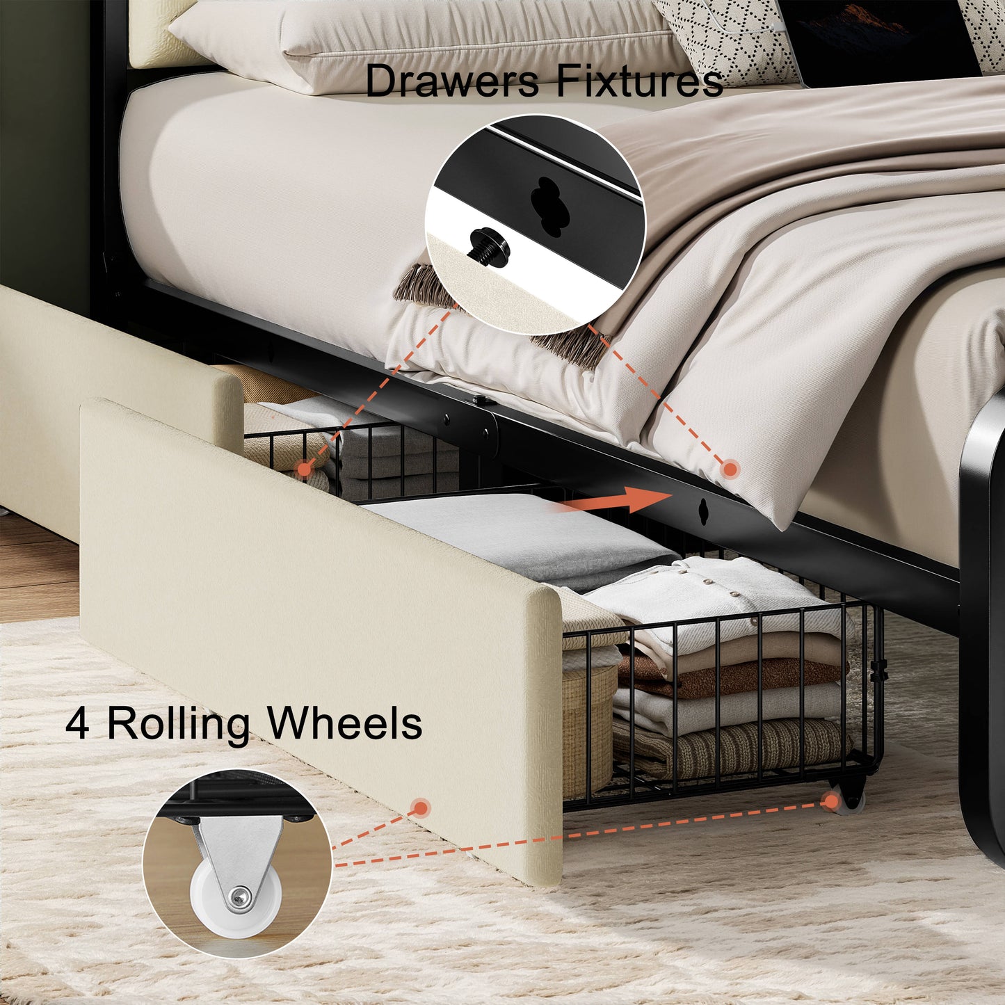 WOWLIVE Full/Queen/King Platform Bed with 2 Storage Drawers, Modern Bed Frame with Charging Station, No Spring Boxing Needed