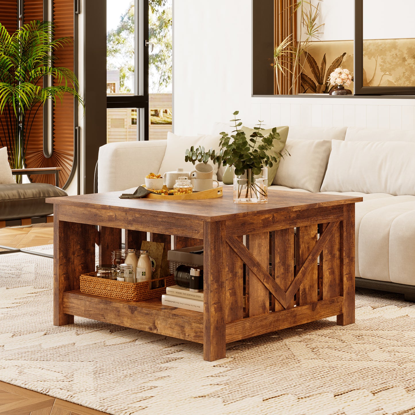 WOWLIVE Lift Top Farmhouse Coffee Table with Storage, Wood Cocktail Table
