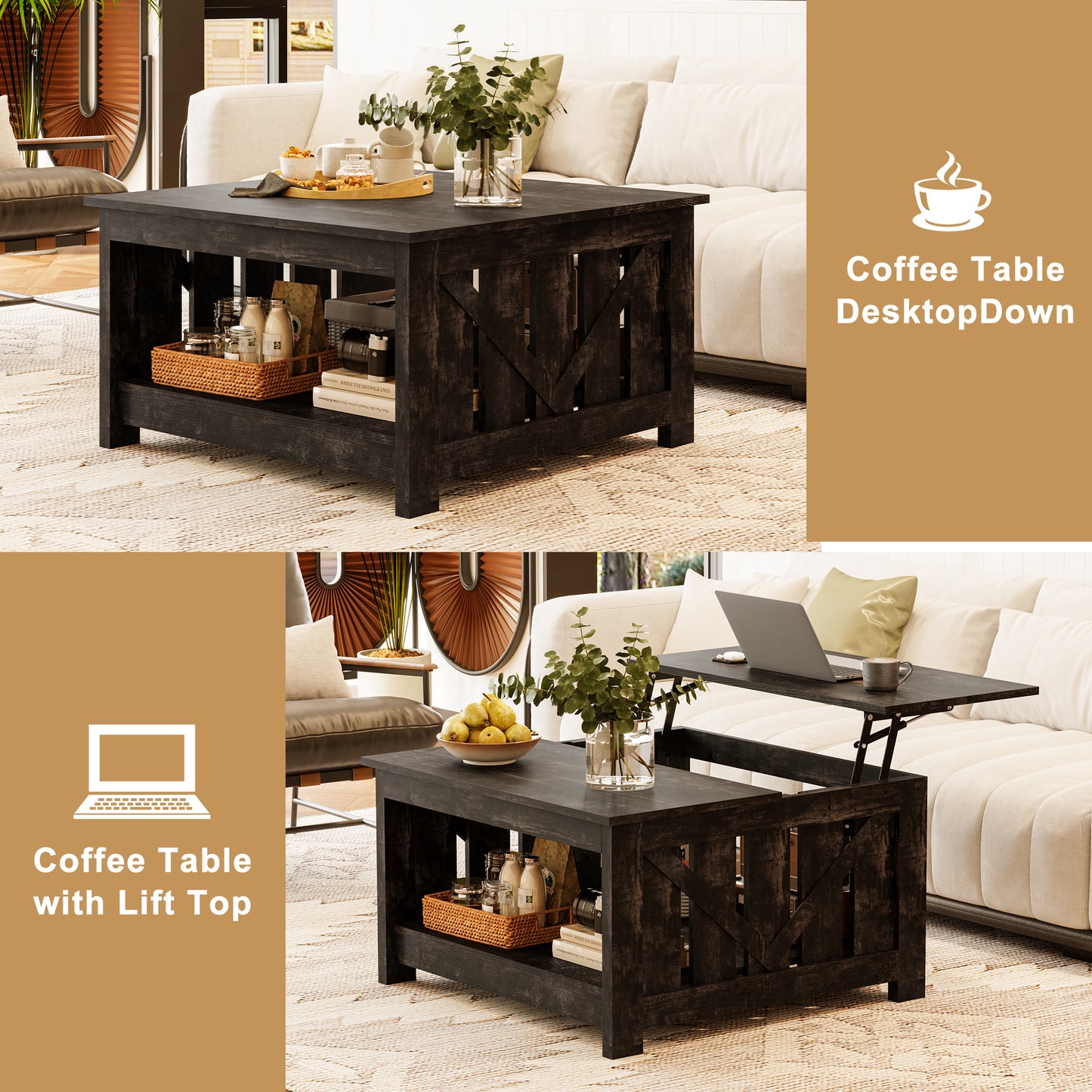WOWLIVE Lift Top Farmhouse Coffee Table with Storage, Wood Cocktail Table