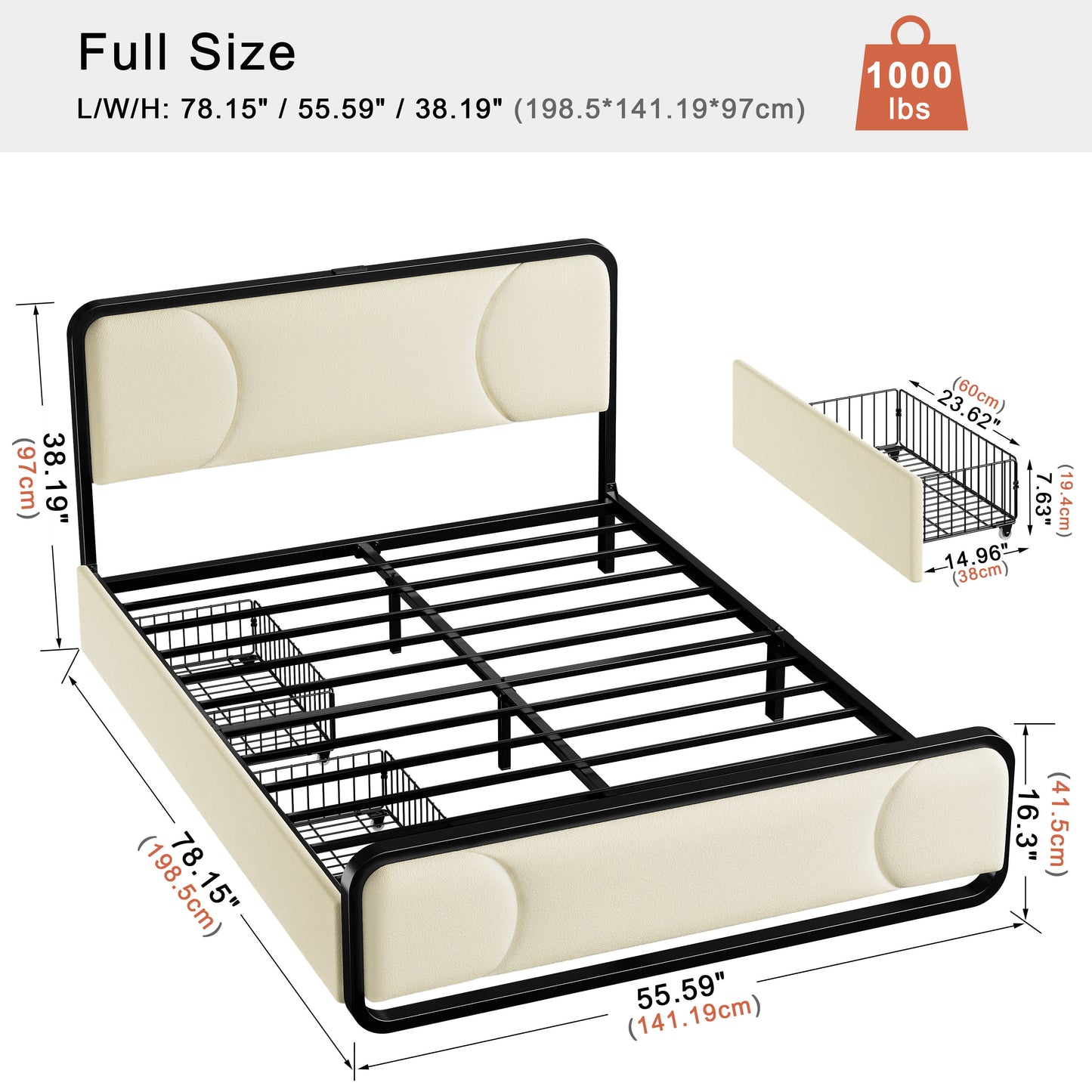 WOWLIVE Full/Queen/King Platform Bed with 2 Storage Drawers, Modern Bed Frame with Charging Station, No Spring Boxing Needed