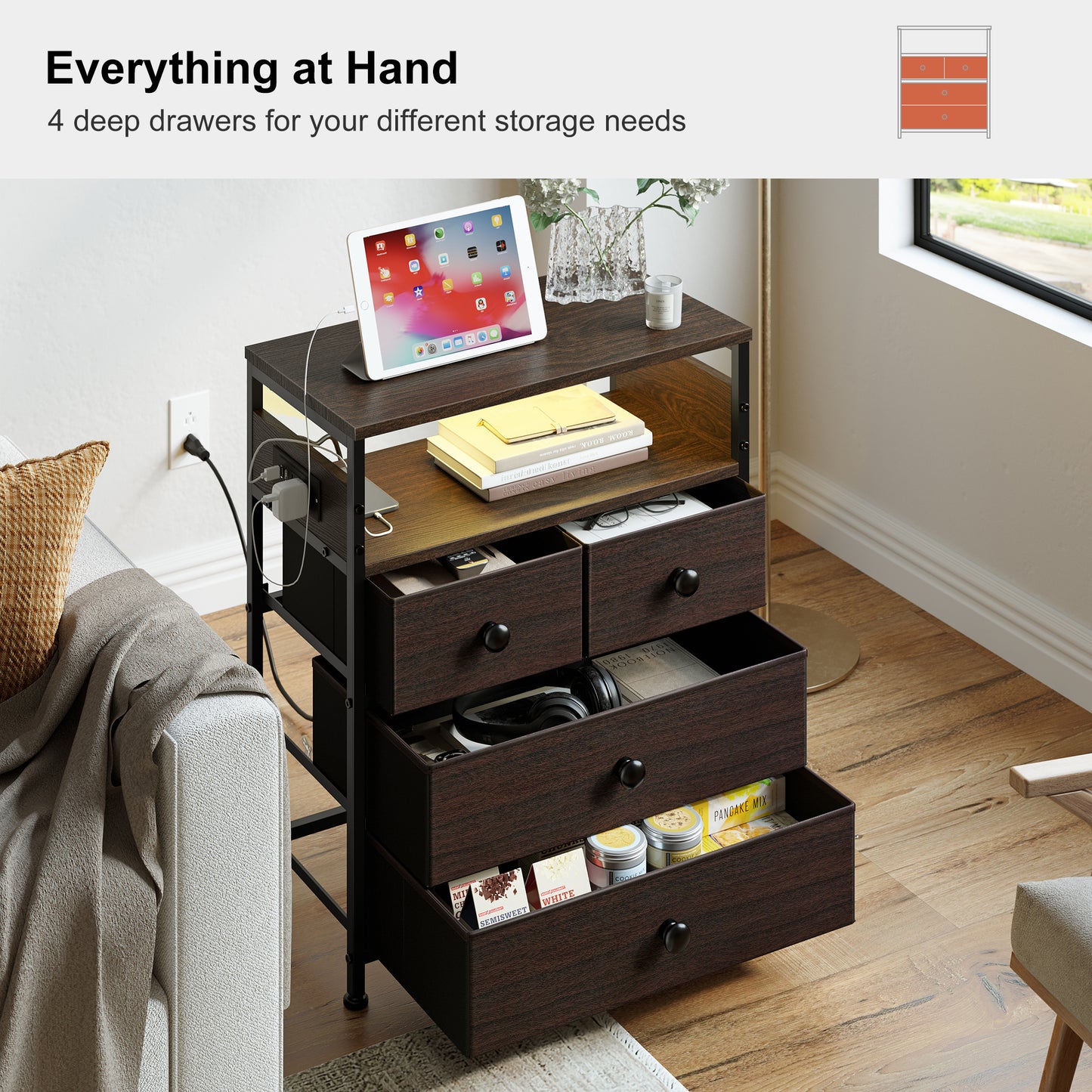 WOWLIVE Nightstand with 4 Drawers & Outlet, Bedside Table with LED Lights & 2-Tier wooden Shelf