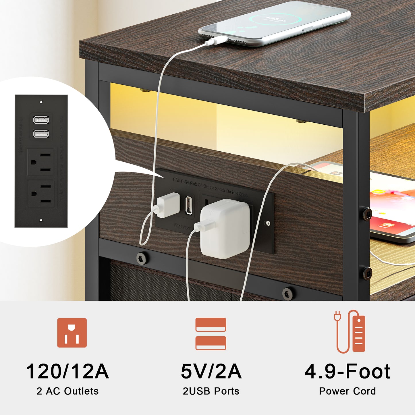 WOWLIVE Nightstand with 4 Drawers & Outlet, Bedside Table with LED Lights & 2-Tier wooden Shelf