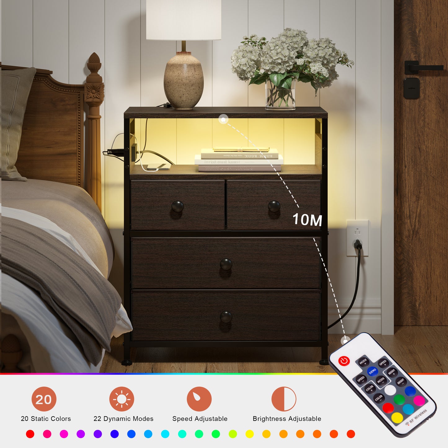 WOWLIVE Nightstand with 4 Drawers & Outlet, Bedside Table with LED Lights & 2-Tier wooden Shelf