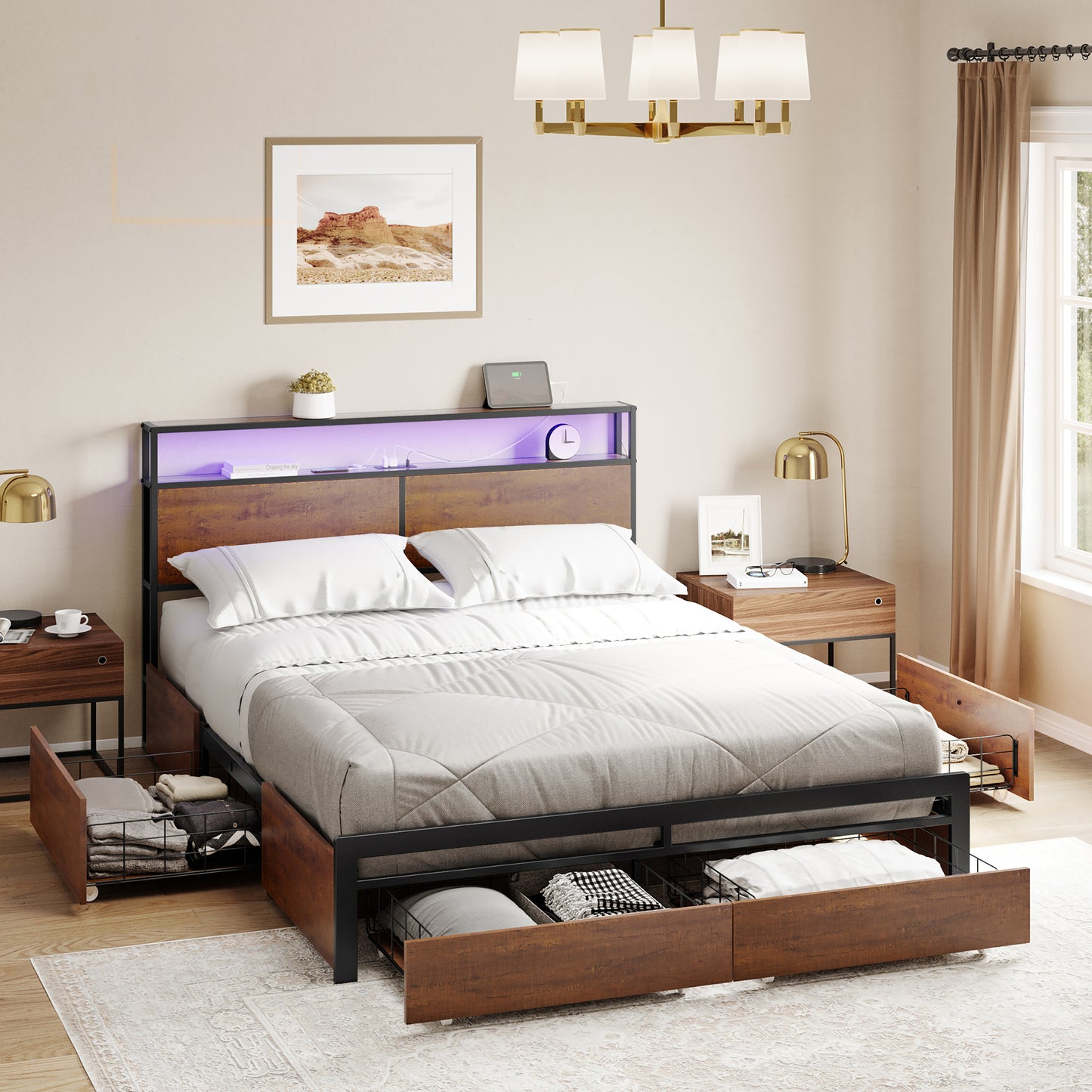 WOWLIVE Bed Frame with 4 Drawers, Modern bed with LED Light and Charging Station, Storage Headboard, No Spring Box Needed
