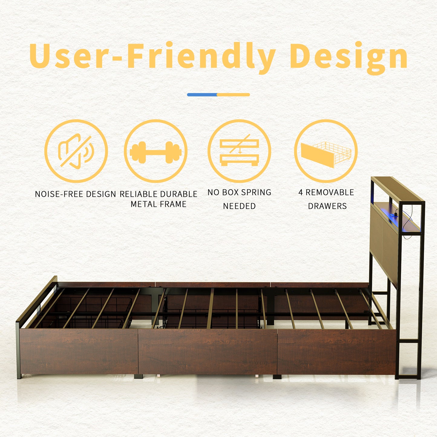WOWLIVE Bed Frame with 4 Drawers, Modern bed with LED Light and Charging Station, Storage Headboard, No Spring Box Needed