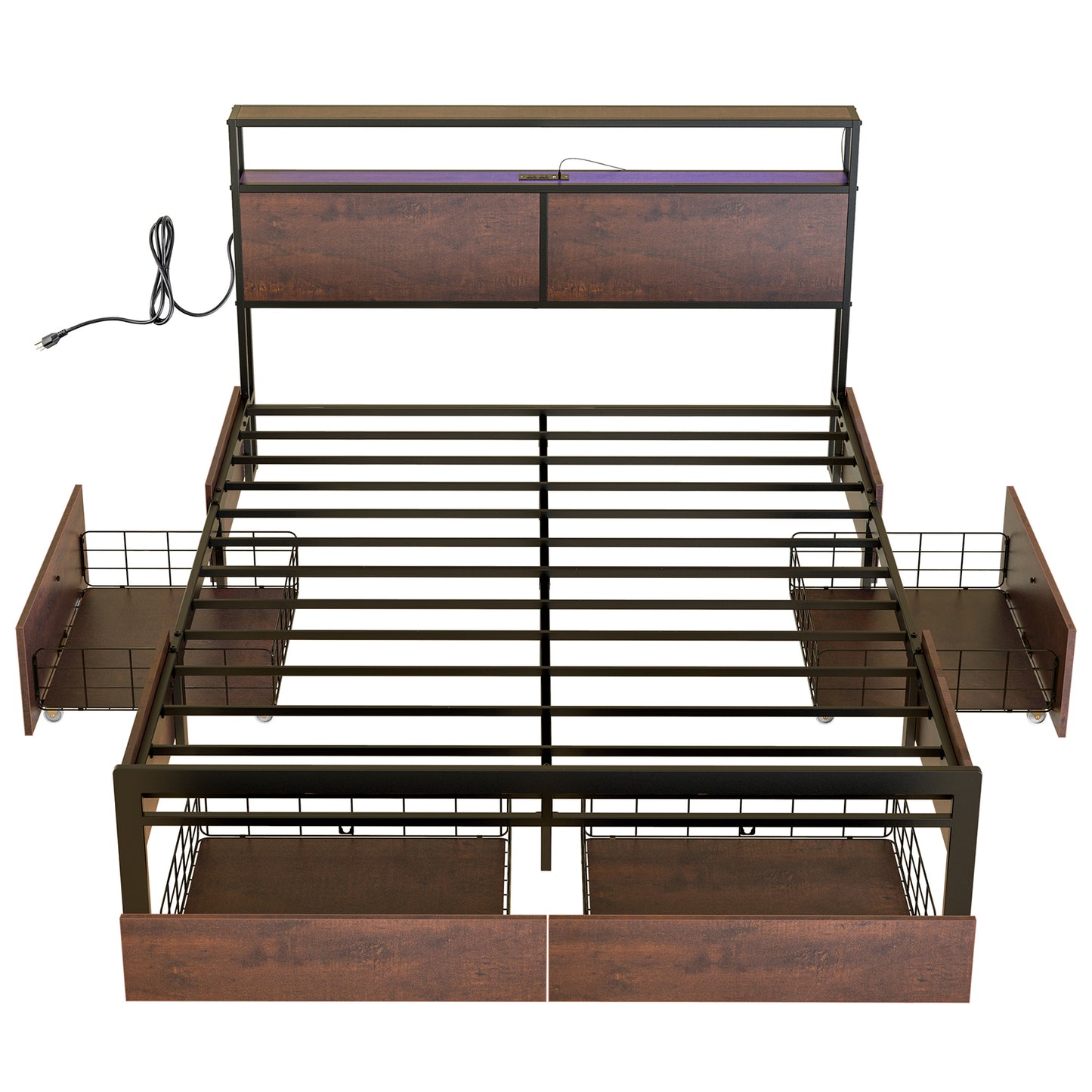 WOWLIVE Bed Frame with 4 Drawers, Modern bed with LED Light and Charging Station, Storage Headboard, No Spring Box Needed
