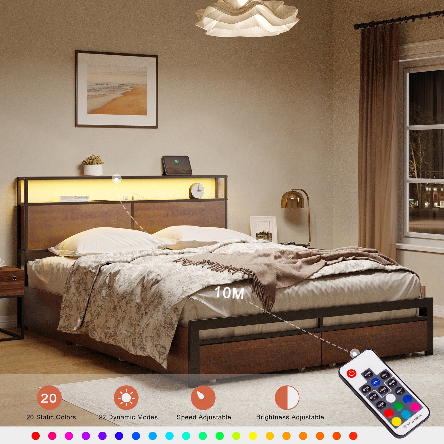 WOWLIVE Bed Frame with 4 Drawers, Modern bed with LED Light and Charging Station, Storage Headboard, No Spring Box Needed