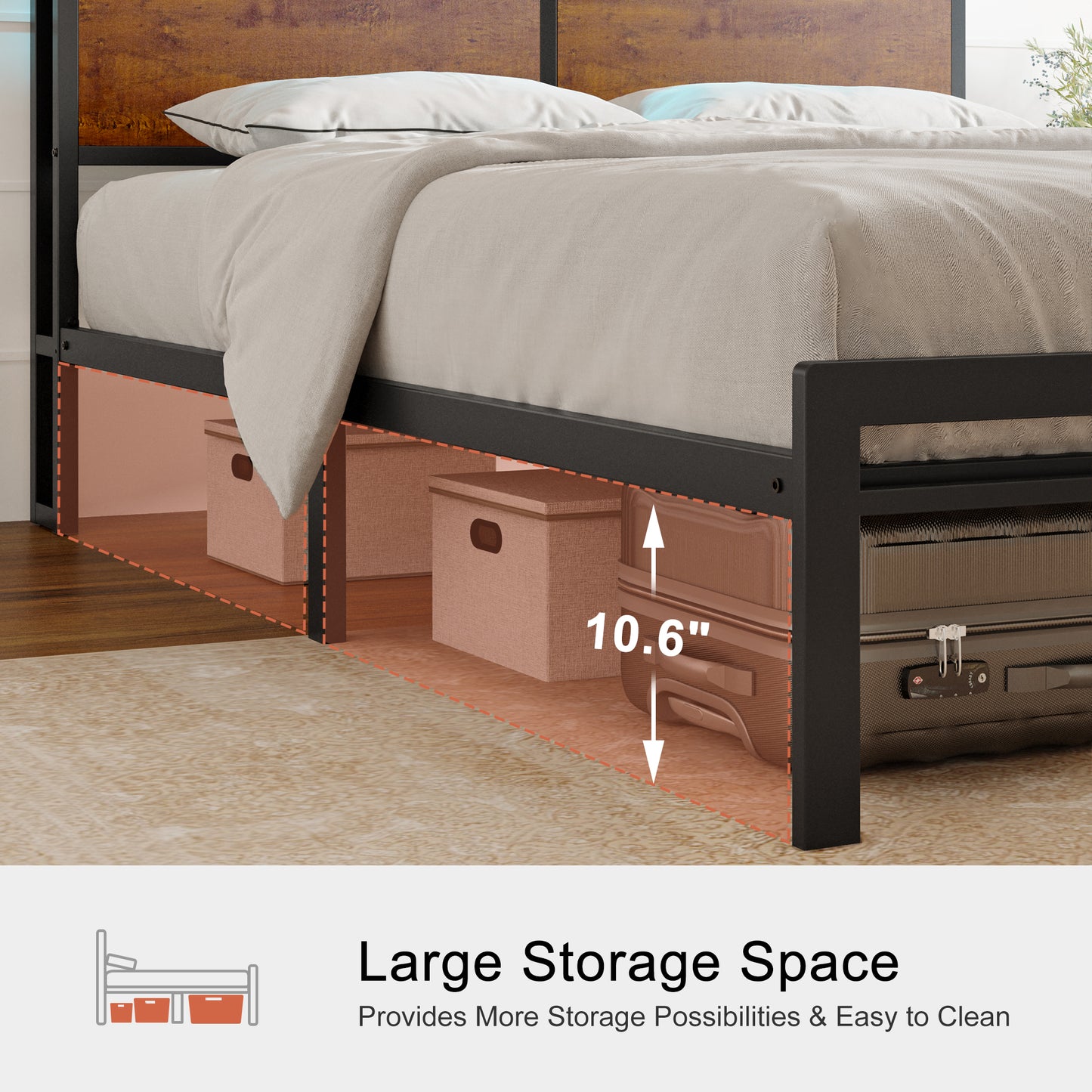 WOWLIVE Bed Frame with LED Light and Charging Station, Metal Frame with Storage Headboard, Large Storage Space, No Spring Box Needed