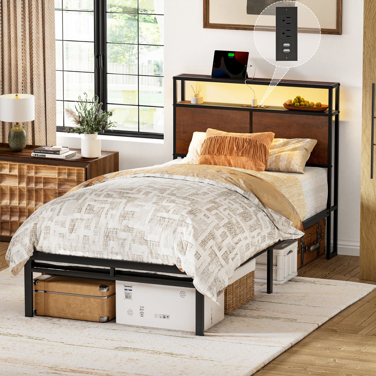WOWLIVE Bed Frame with LED Light and Charging Station, Metal Frame with Storage Headboard, Large Storage Space, No Spring Box Needed