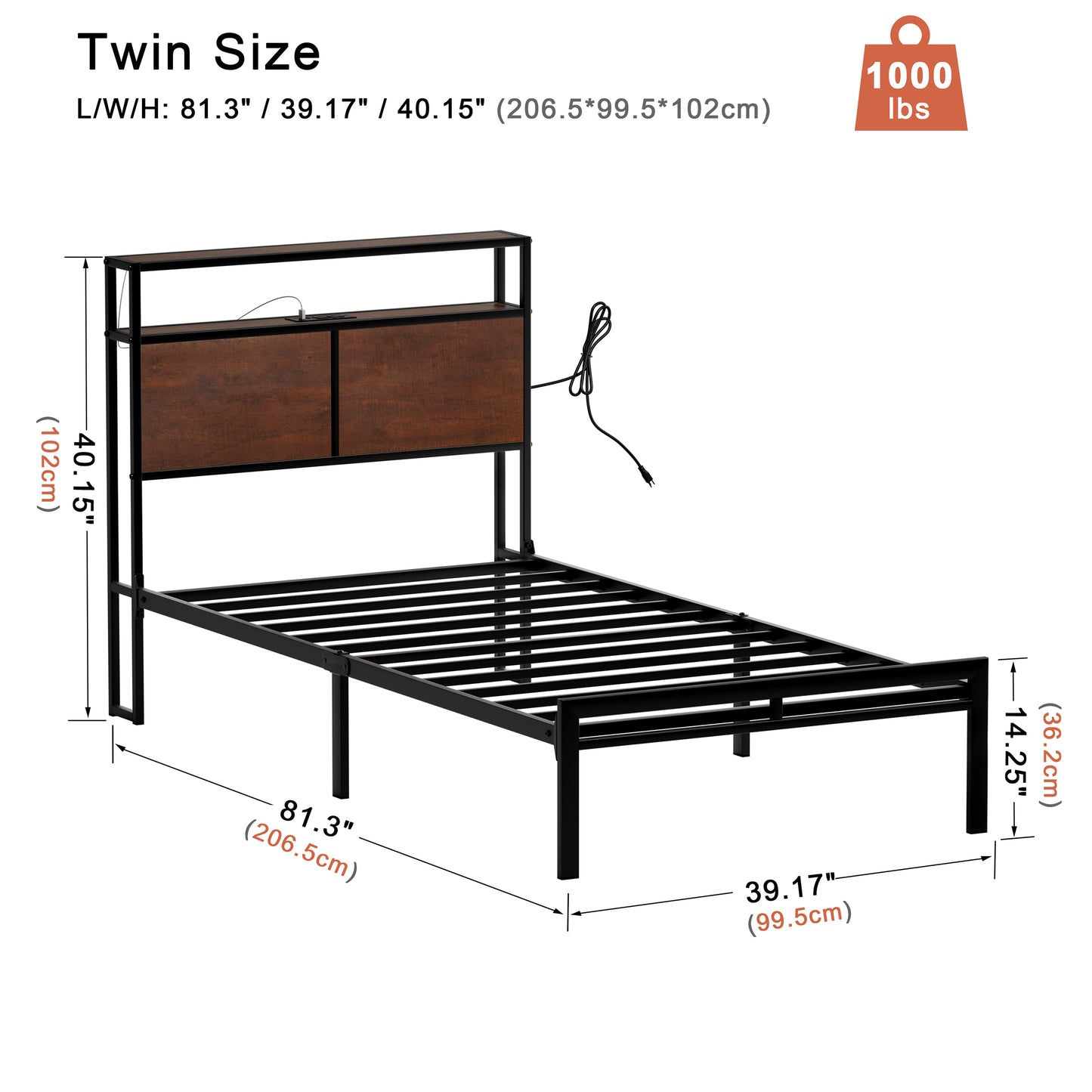 WOWLIVE Bed Frame with LED Light and Charging Station, Metal Frame with Storage Headboard, Large Storage Space, No Spring Box Needed