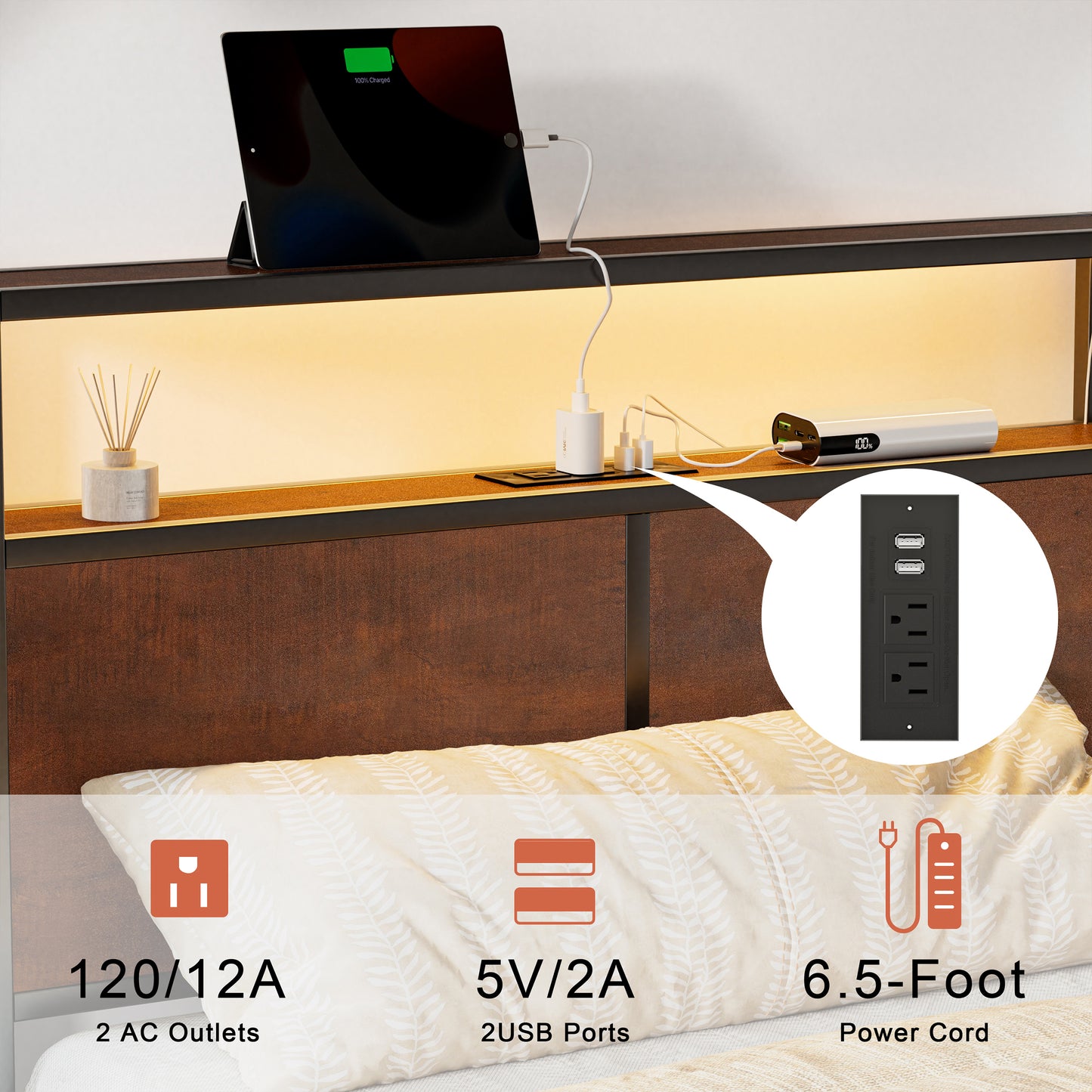 WOWLIVE Bed Frame with LED Light and Charging Station, Metal Frame with Storage Headboard, Large Storage Space, No Spring Box Needed
