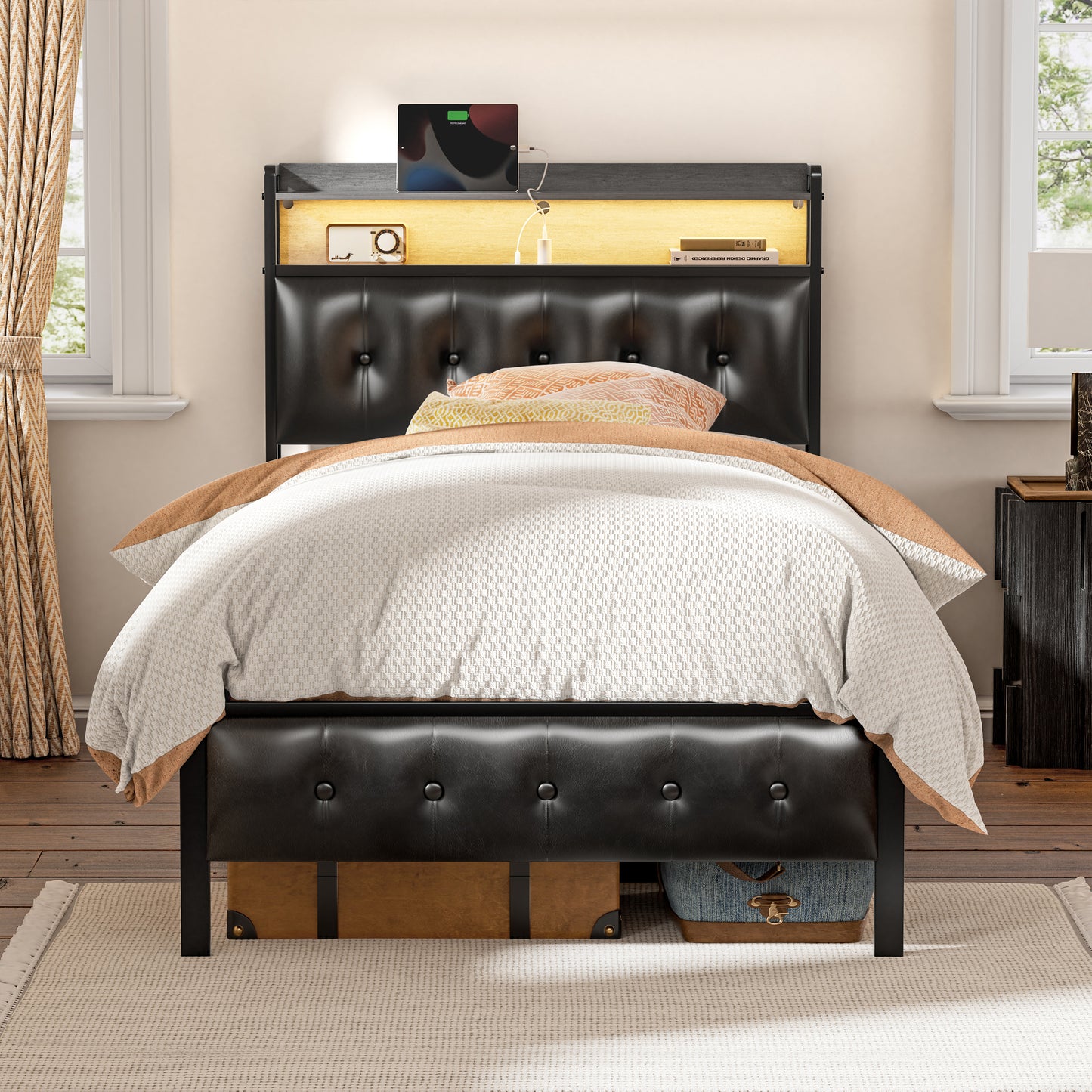 WOWLIVE Bed Frame with Storage Headboard, Metal Platform Bed Frame, Storage Bed with Charging Station and LED Light