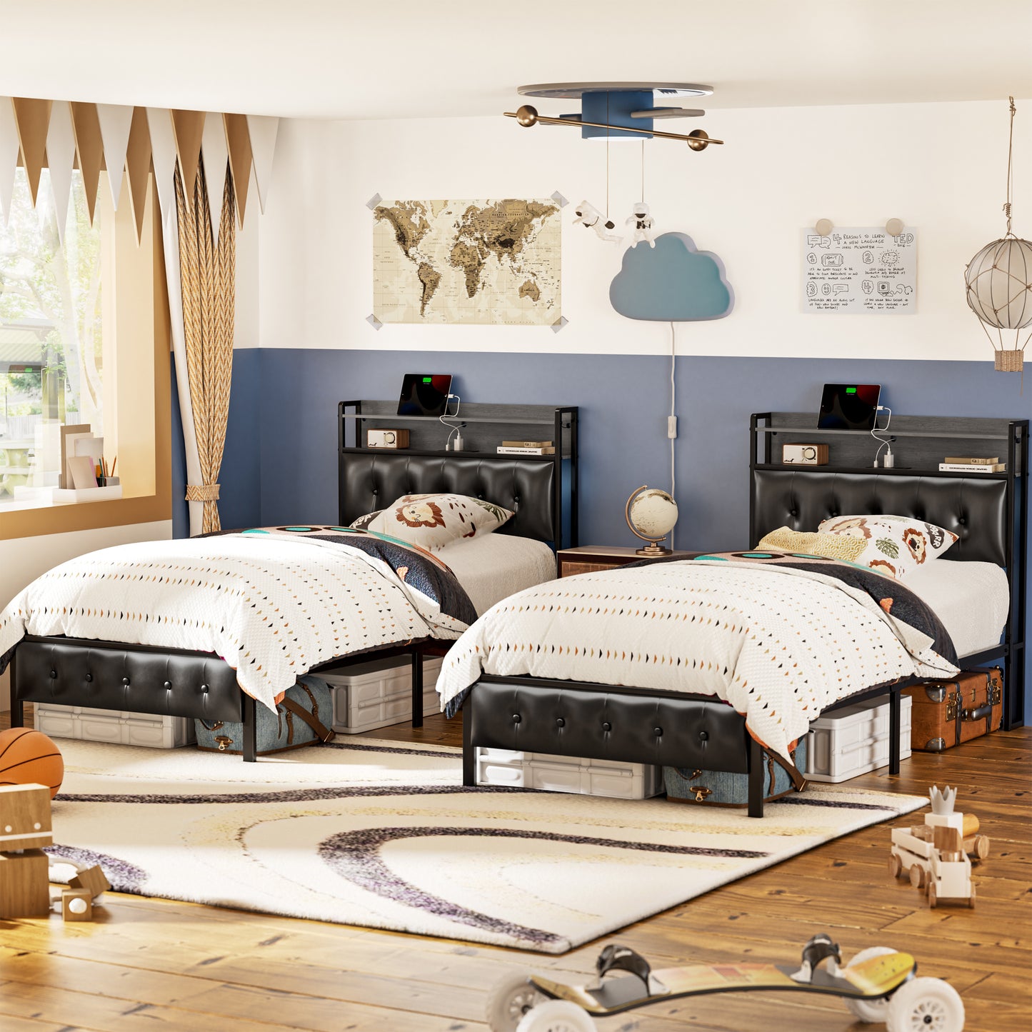 WOWLIVE Bed Frame with Storage Headboard, Metal Platform Bed Frame, Storage Bed with Charging Station and LED Light