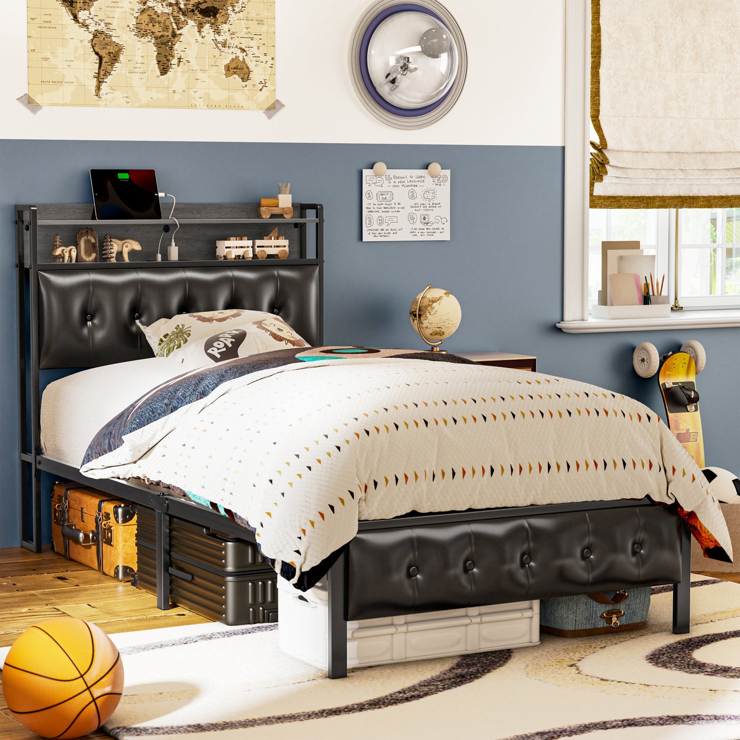 WOWLIVE Bed Frame with Storage Headboard, Metal Platform Bed Frame, Storage Bed with Charging Station and LED Light