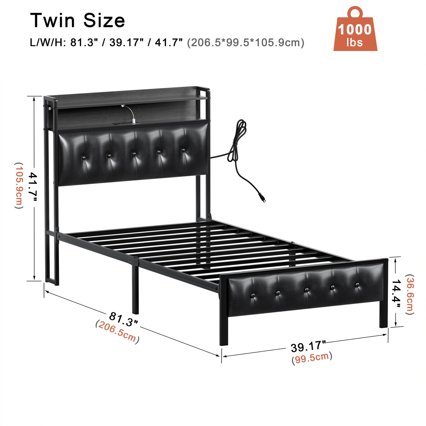 WOWLIVE Bed Frame with Storage Headboard, Metal Platform Bed Frame, Storage Bed with Charging Station and LED Light