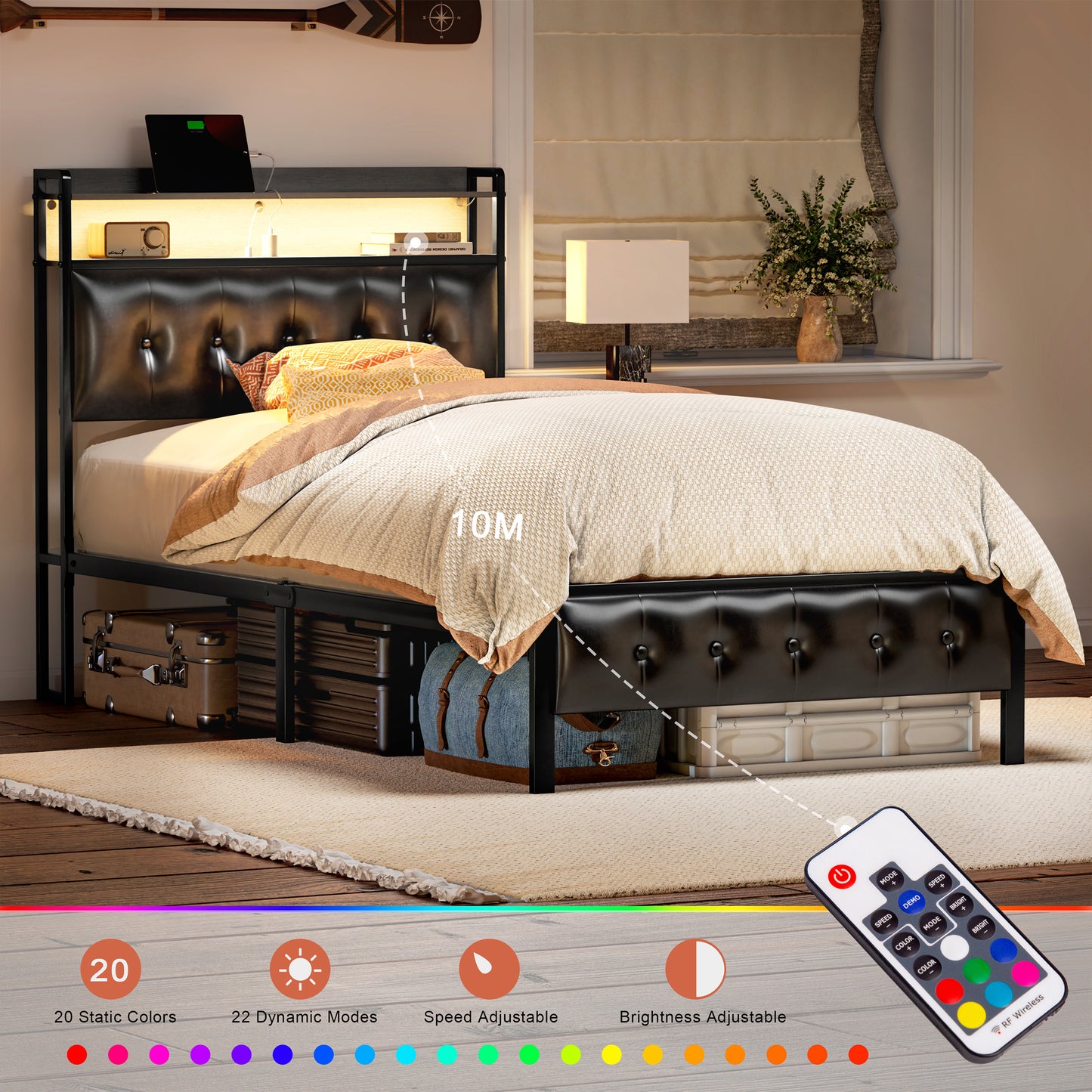WOWLIVE Bed Frame with Storage Headboard, Metal Platform Bed Frame, Storage Bed with Charging Station and LED Light
