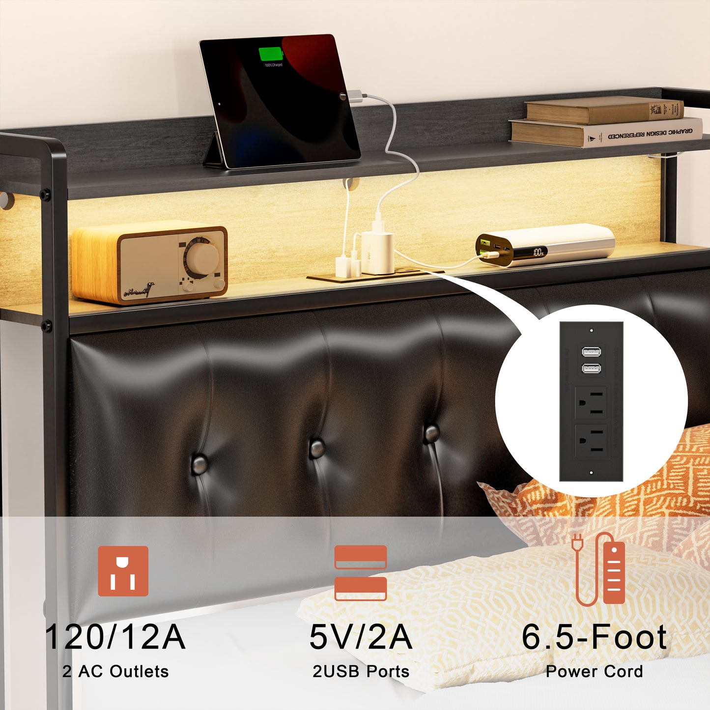 WOWLIVE Bed Frame with Storage Headboard, Metal Platform Bed Frame, Storage Bed with Charging Station and LED Light